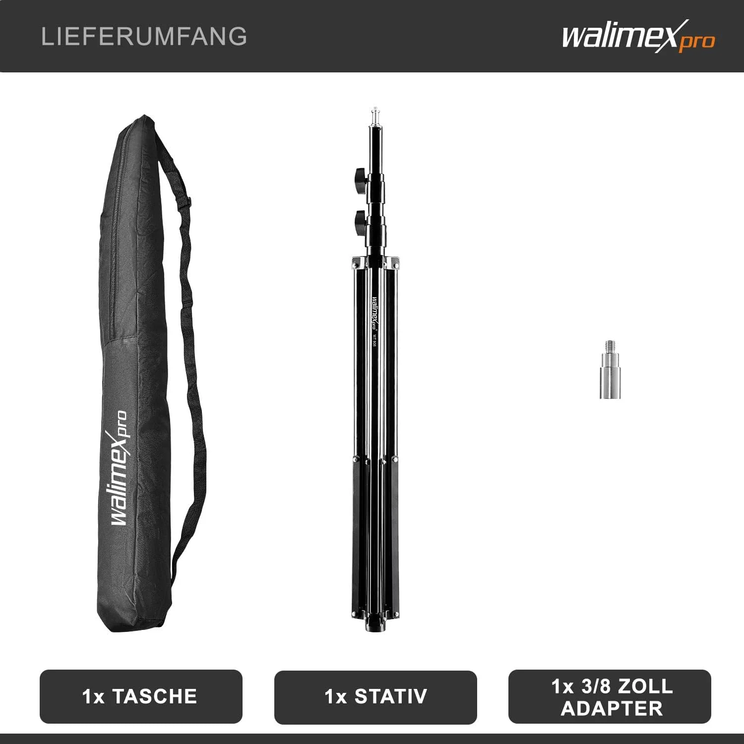 پایه نور والیمکس پرو WT-806 (دارای سیستم فنری میراگر، حداکثر 256 سانتی متر، ظرفیت بار 6 کیلوگرم، قابل تنظیم، ساخته شده از آلومینیوم، برای عکاسی استودیویی موبایل سافت باکس رفلکتور بوم) به همراه کیف حمل