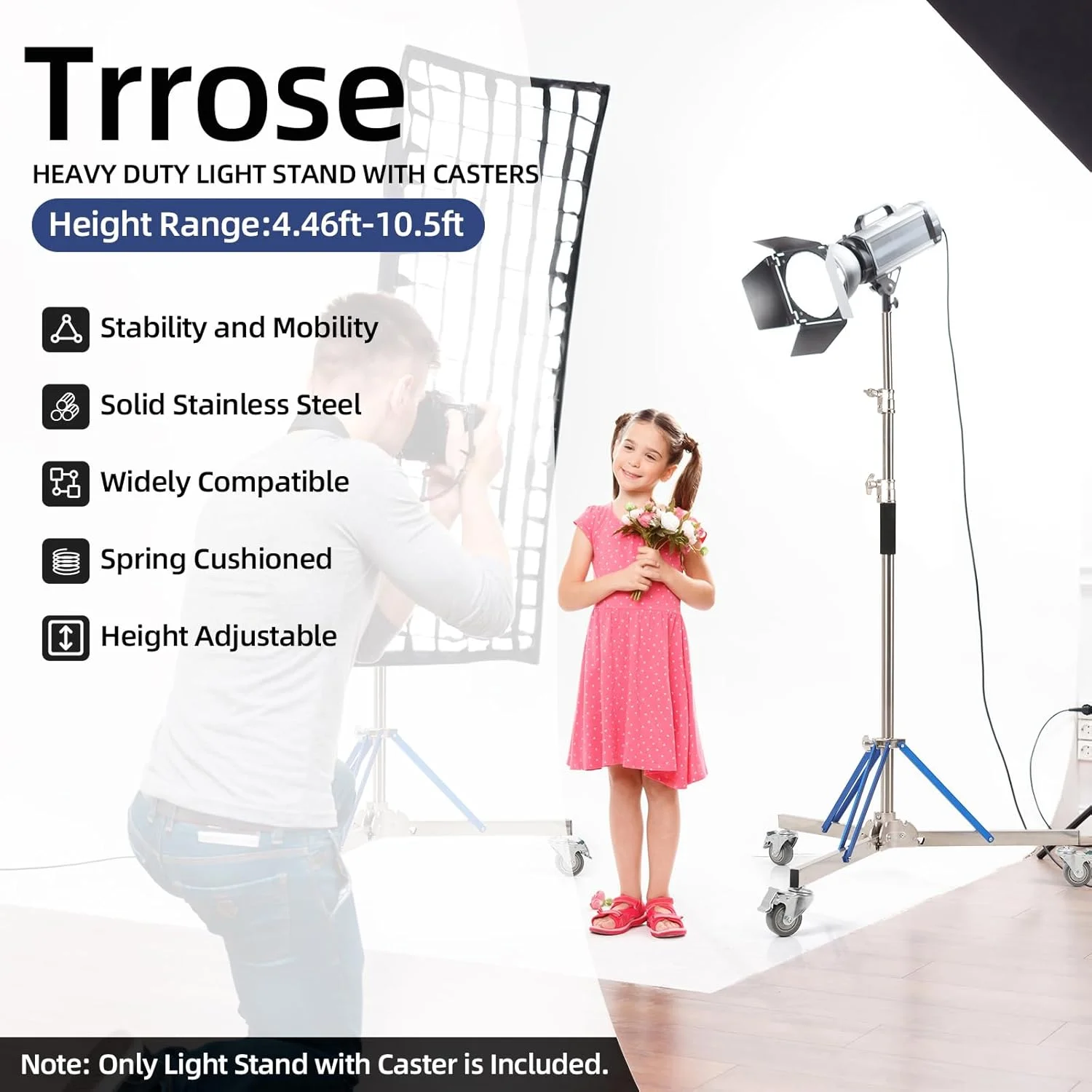 پایه نور سنگین با چرخ - پایه نور قابل تنظیم 320 سانتی متری با فولاد ضد زنگ، پایداری و تحرک بالا، مناسب برای نور استروب، سافت باکس و رفلکتور