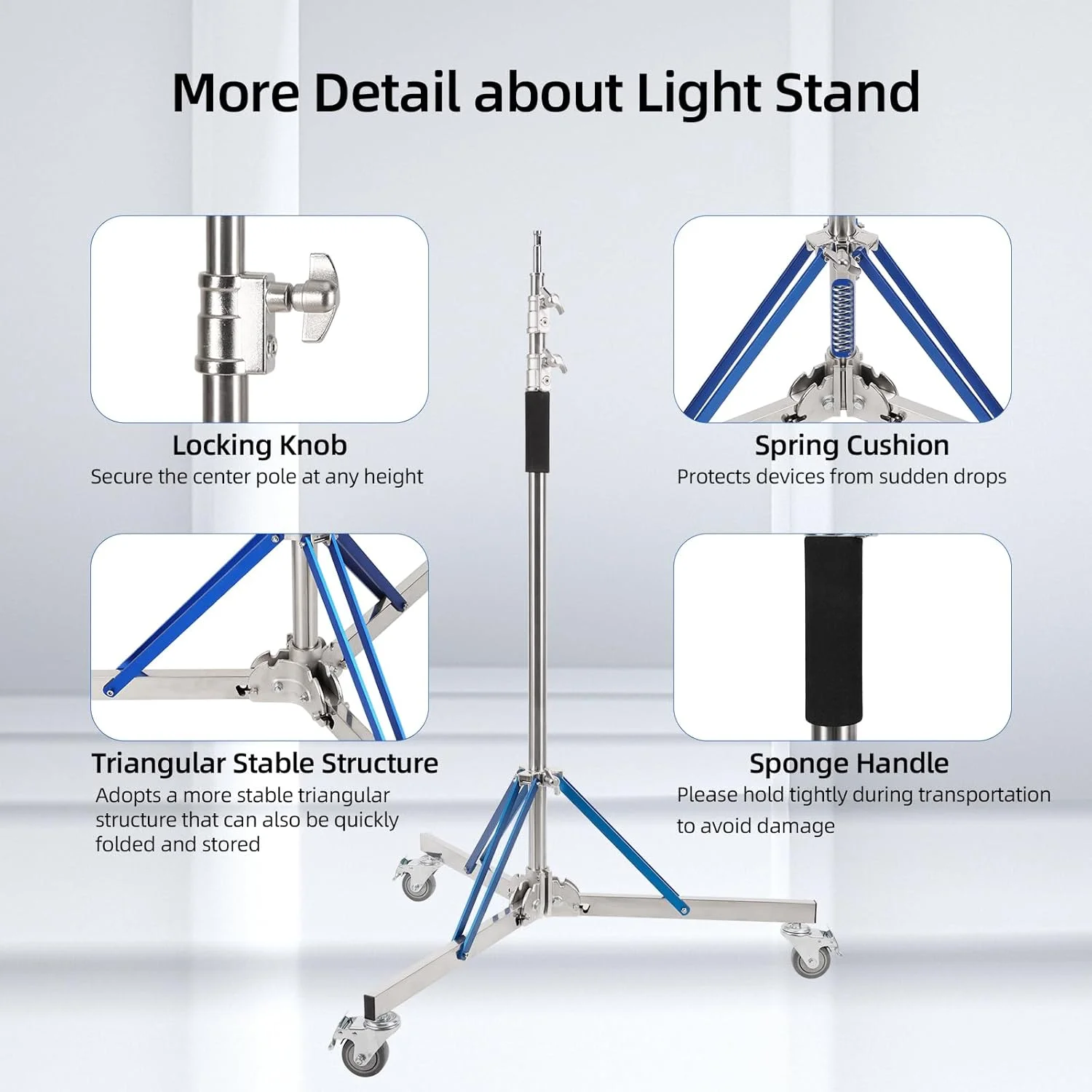 پایه نور سنگین با چرخ - پایه نور قابل تنظیم 320 سانتی متری با فولاد ضد زنگ، پایداری و تحرک بالا، مناسب برای نور استروب، سافت باکس و رفلکتور