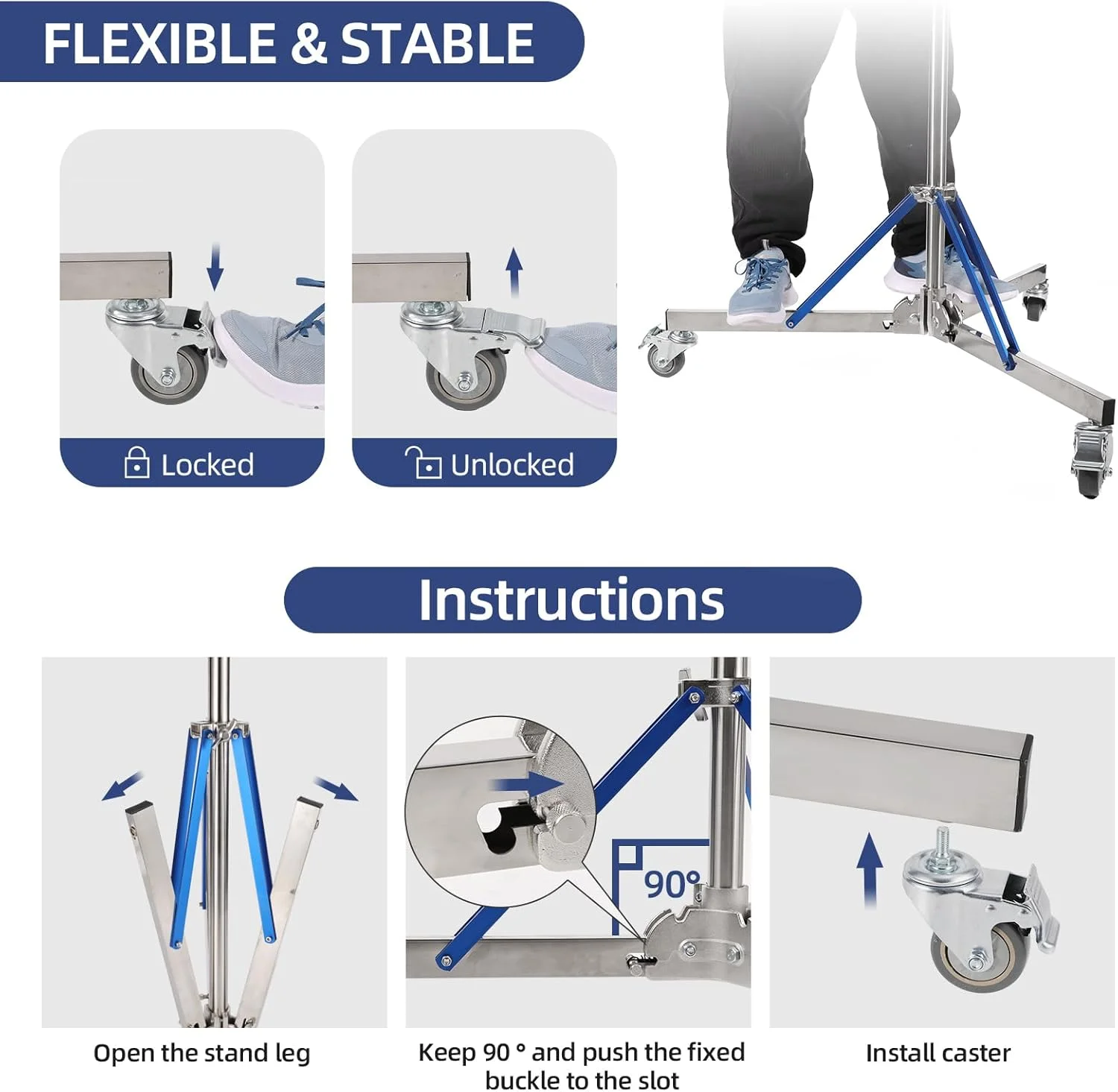 پایه نور سنگین با چرخ - پایه نور قابل تنظیم 320 سانتی متری با فولاد ضد زنگ، پایداری و تحرک بالا، مناسب برای نور استروب، سافت باکس و رفلکتور