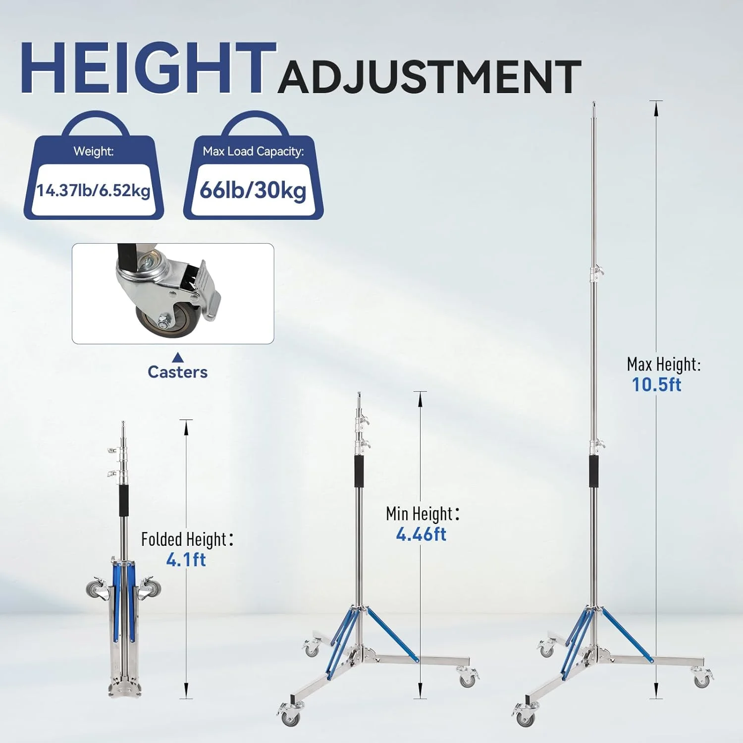 پایه نور سنگین با چرخ - پایه نور قابل تنظیم 320 سانتی متری با فولاد ضد زنگ، پایداری و تحرک بالا، مناسب برای نور استروب، سافت باکس و رفلکتور