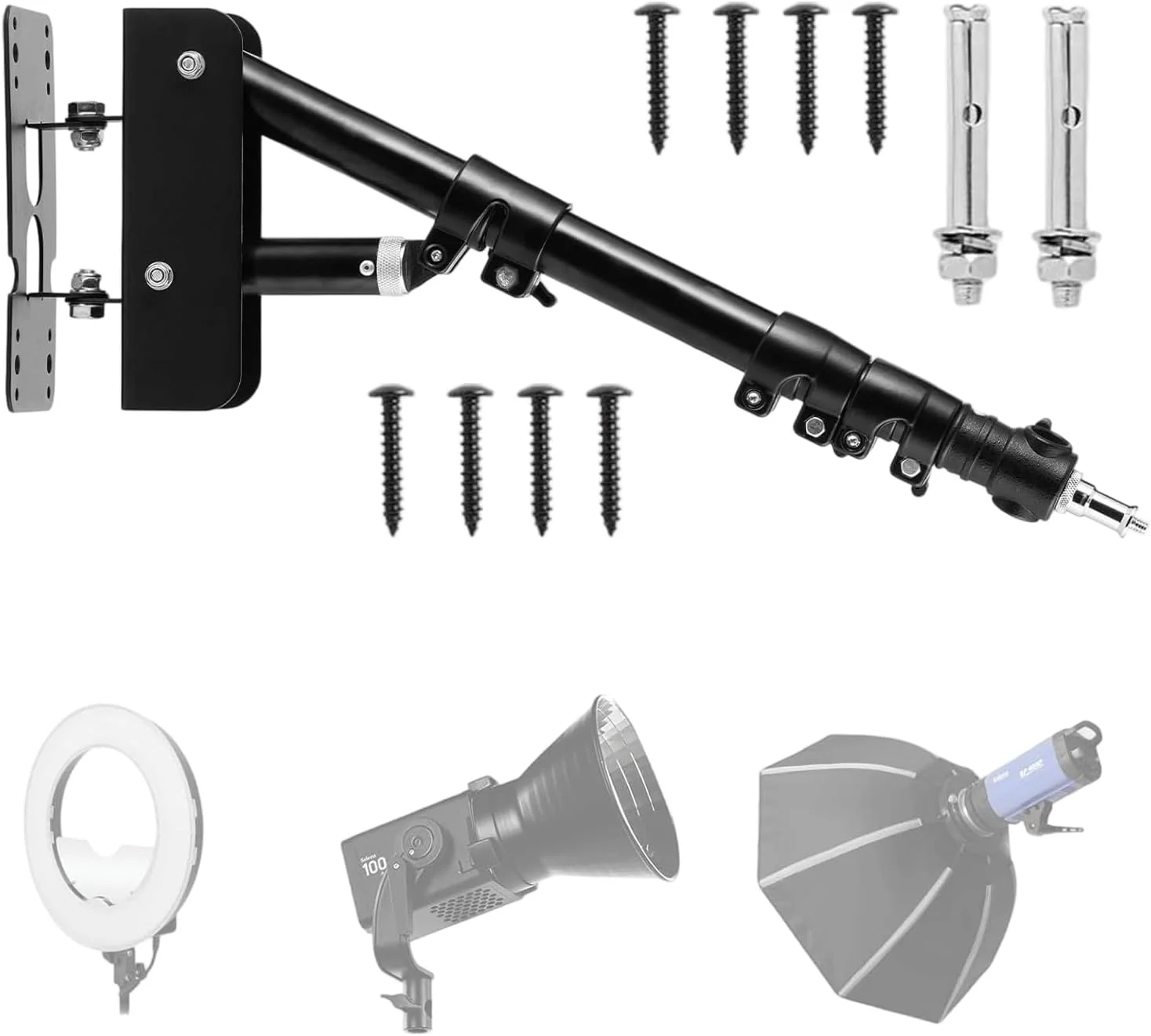 پایه دیواری رینگ لایت، بازوی بوم مثلثی پایه نور آرایشگری، نگهدارنده نور با چرخش 180 درجه برای استودیو عکاسی پس زمینه آرایشگر