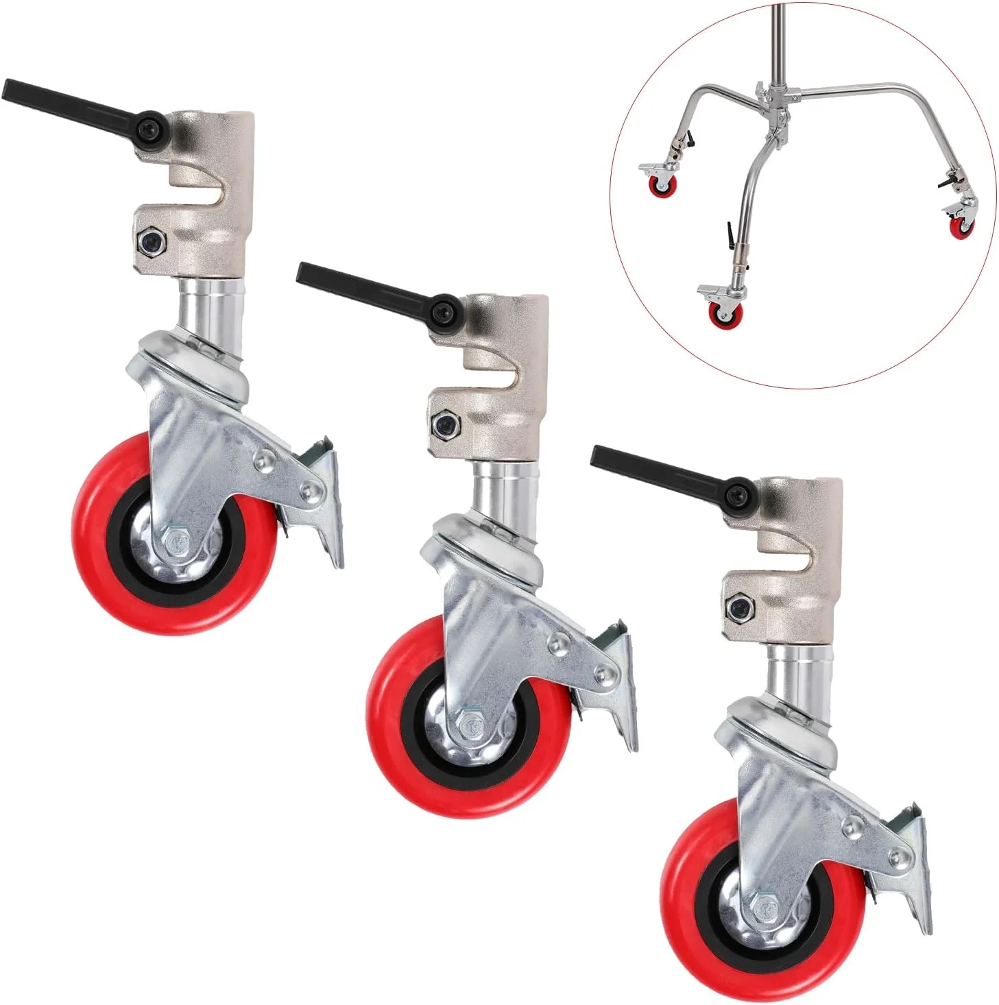 مجموعه 3 عددی چرخ های گردان، چرخ های پایه C حرفه ای با قطر 25 میلی متر برای پایه نورپردازی عکاسی، ساختار فلزی بادوام و پایه لاستیکی نرم، سازگار با پایه C (قرمز)