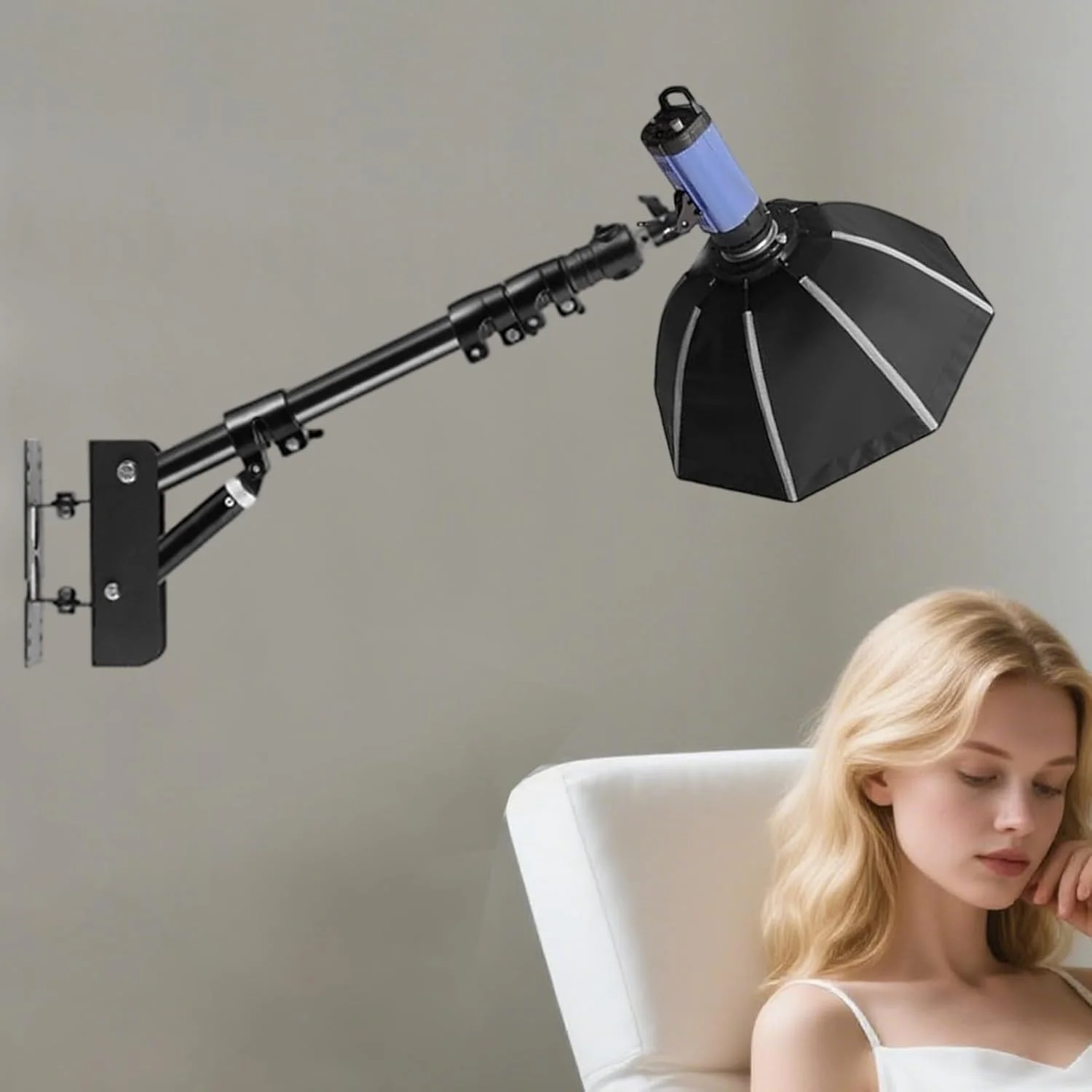 پایه نگهدارنده رینگ لایت دیواری | بازوی بوم مثلثی پایه نور آرایشگاه | براکت پشتیبانی چند منظوره برای عکس های پرتره، رفلکتور، اتاق گریم، آرایشگر، هنرمند گریم