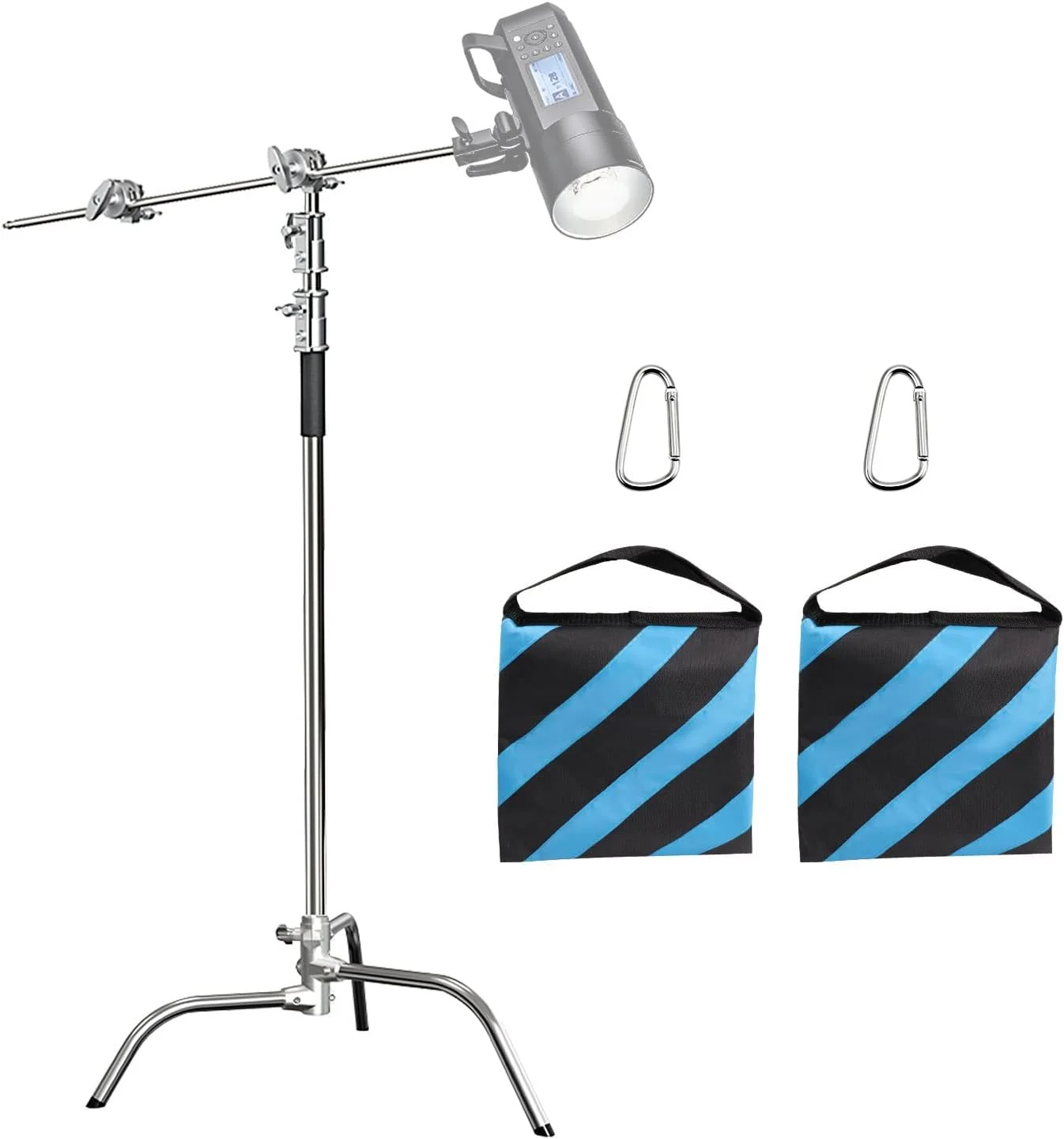 پایه C عکاسی Takerers با بازوی بوم: 100% استیل ضد زنگ - BS10 پایه های نور سنگین با حداکثر ارتفاع 320 سانتی متر (1 عدد) به همراه بازوی نگهدارنده 127 سانتی متری، 2 عدد سر گیره، 2 عدد کیسه شن