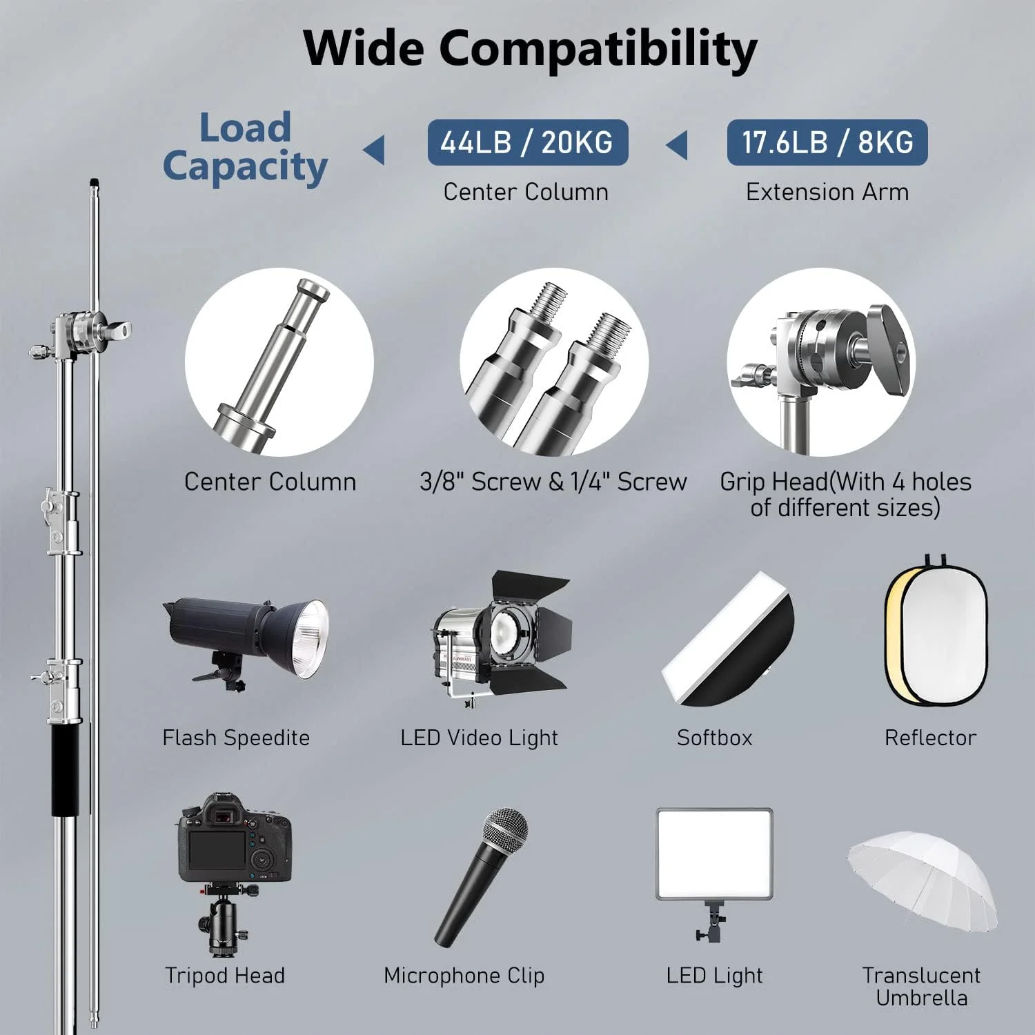 پایه C عکاسی Takerers با بازوی بوم: 100% استیل ضد زنگ - BS10 پایه های نور سنگین با حداکثر ارتفاع 320 سانتی متر (1 عدد) به همراه بازوی نگهدارنده 127 سانتی متری، 2 عدد سر گیره، 2 عدد کیسه شن