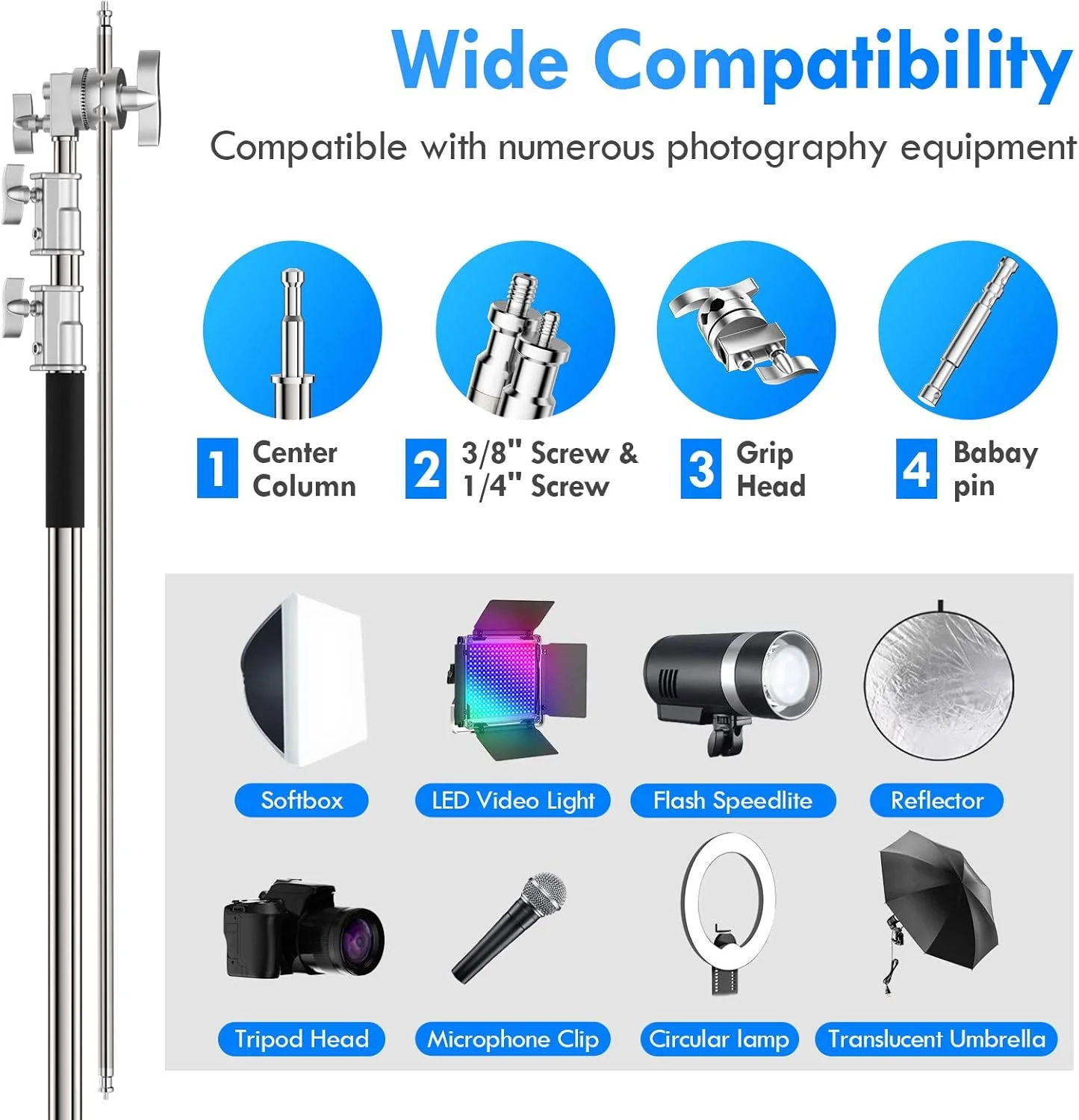 پایه C سنگین و ارتقا یافته Emart، پایه نگهدارنده رفلکتور عکاسی آلیاژ آلومینیوم 3 متری با بازوی نگهدارنده و کیت سر گیره برای استودیوی عکس و فیلم، نور تکی عکاسی، سافت باکس (2 عدد)