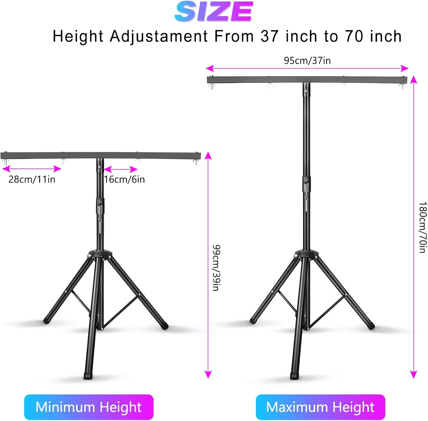 پایه نور U`King، پایه نور DJ برای چراغ های Par، سه پایه پایه نور قابل حمل، پایه نور DJ فلزی سبک وزن با میله متقاطع، پایه نور صحنه برای استیج، بار، ضیافت، مهمانی (39-70 اینچ)