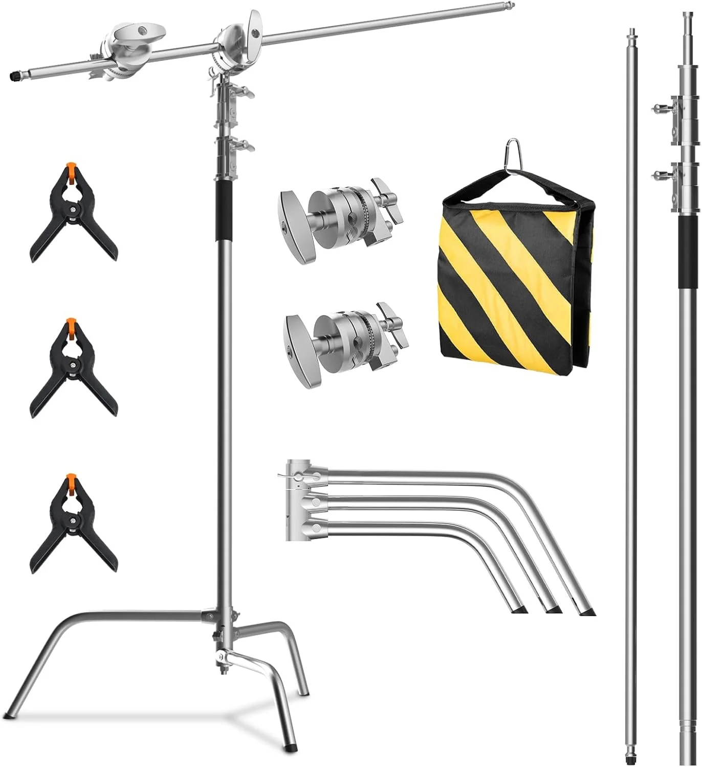 پایه C به همراه بازوی بوم، کیت پایه نورپردازی عکاسی - پایه C سنگین با میله استیل ضد زنگ 210 سانتیمتری، بازوی بوم 87 سانتیمتری، سر گیره، کیسه شن برای نورپردازی استودیویی، نقرهای پایه C به همراه بازوی بوم، کیت پایه نورپردازی عکاسی - پایه C سنگین با میله استیل ضد زنگ 210 سانتیمتری، بازوی بوم 87 سانتیمتری، سر گیره، کیسه شن برای نورپردازی استودیویی، نقرهای