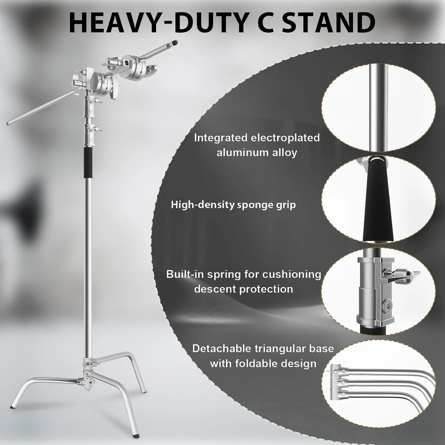پایه C به همراه بازوی بوم، کیت پایه نورپردازی عکاسی - پایه C سنگین با میله استیل ضد زنگ 210 سانتیمتری، بازوی بوم 87 سانتیمتری، سر گیره، کیسه شن برای نورپردازی استودیویی، نقرهای پایه C به همراه بازوی بوم، کیت پایه نورپردازی عکاسی - پایه C سنگین با میله استیل ضد زنگ 210 سانتیمتری، بازوی بوم 87 سانتیمتری، سر گیره، کیسه شن برای نورپردازی استودیویی، نقرهای