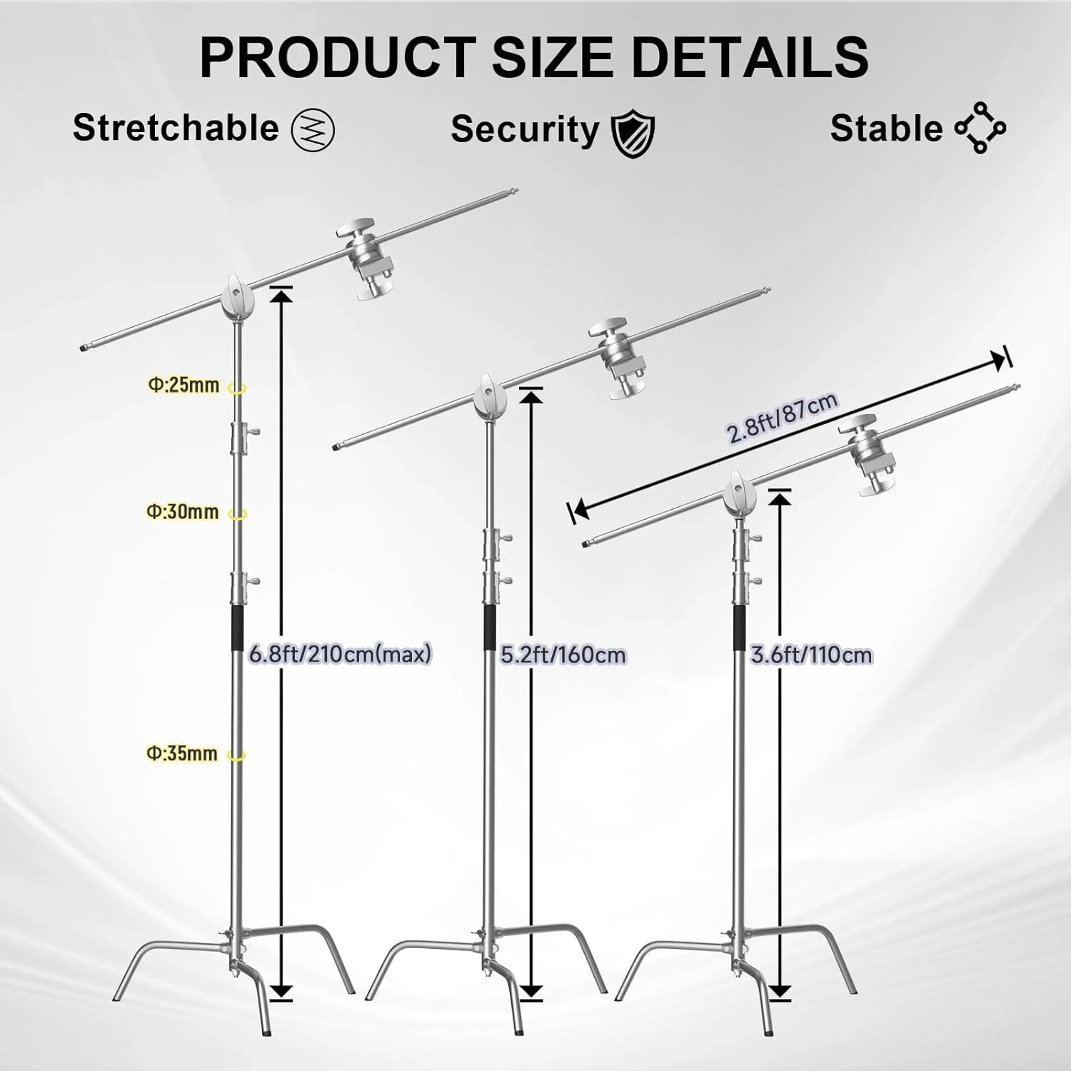 پایه C به همراه بازوی بوم، کیت پایه نورپردازی عکاسی - پایه C سنگین با میله استیل ضد زنگ 210 سانتیمتری، بازوی بوم 87 سانتیمتری، سر گیره، کیسه شن برای نورپردازی استودیویی، نقرهای پایه C به همراه بازوی بوم، کیت پایه نورپردازی عکاسی - پایه C سنگین با میله استیل ضد زنگ 210 سانتیمتری، بازوی بوم 87 سانتیمتری، سر گیره، کیسه شن برای نورپردازی استودیویی، نقرهای