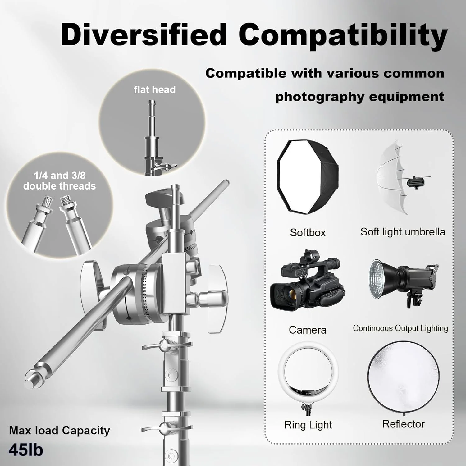 پایه C به همراه بازوی بوم، کیت پایه نورپردازی عکاسی - پایه C سنگین با میله استیل ضد زنگ 210 سانتیمتری، بازوی بوم 87 سانتیمتری، سر گیره، کیسه شن برای نورپردازی استودیویی، نقرهای پایه C به همراه بازوی بوم، کیت پایه نورپردازی عکاسی - پایه C سنگین با میله استیل ضد زنگ 210 سانتیمتری، بازوی بوم 87 سانتیمتری، سر گیره، کیسه شن برای نورپردازی استودیویی، نقرهای
