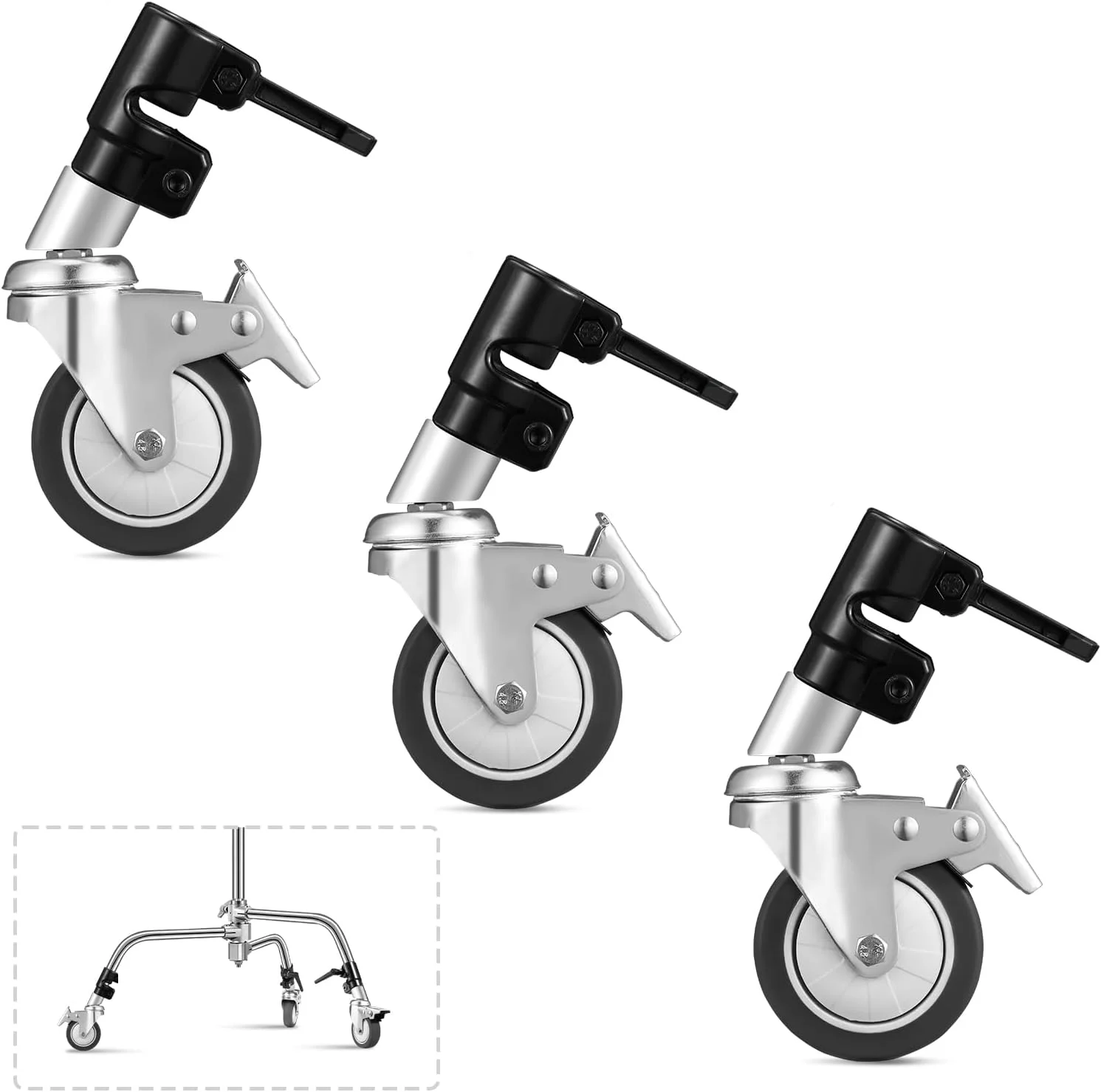 کیت 3 عددی چرخ های گردان حرفه ای Soonpho برای پایه نور عکاسی با قطر 25 میلی متر، ساختار فلزی بادوام و پایه لاستیکی برای استودیو/فرش/کف لخت/چوبی/مرمری (مشکی)