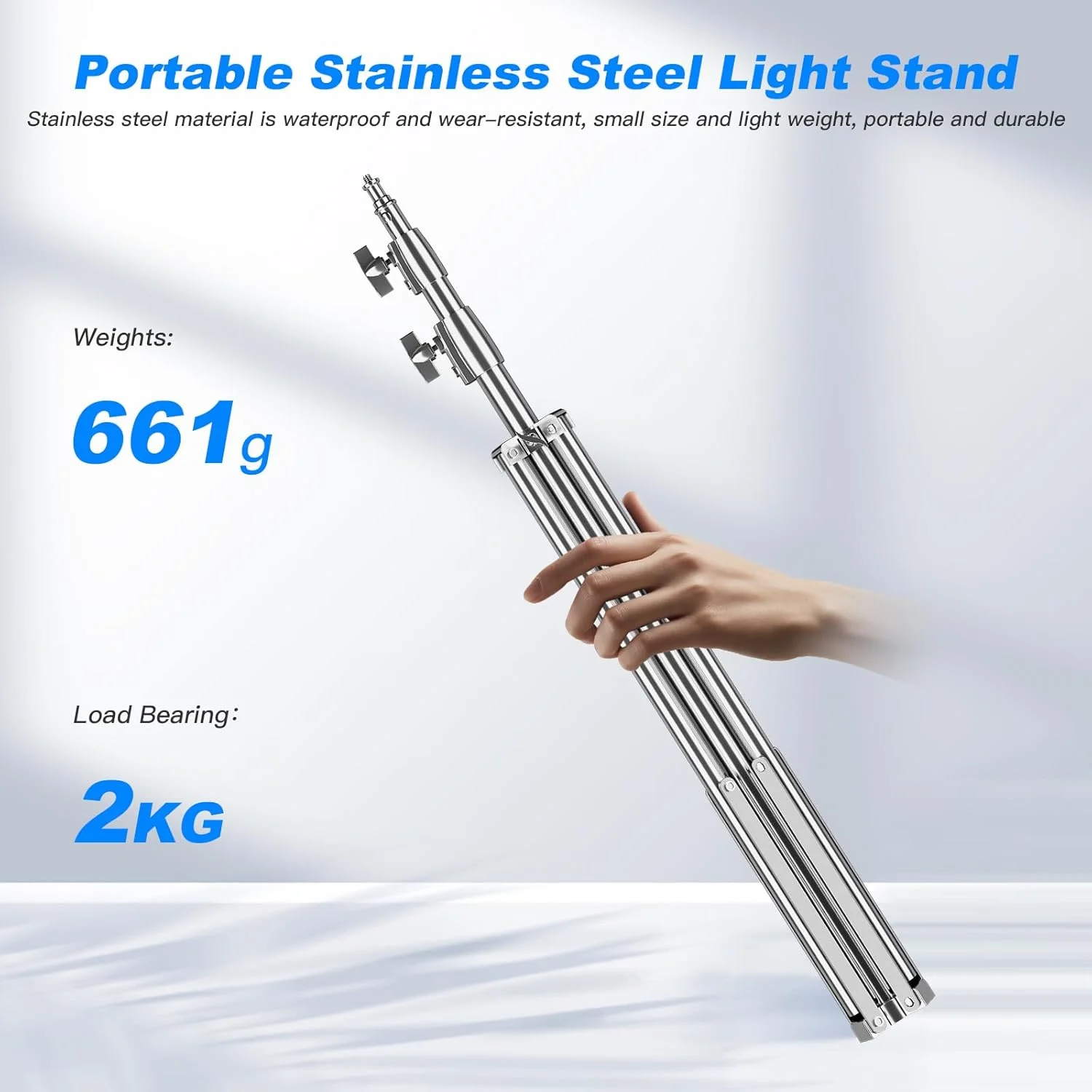 پایه نور عکاسی استیل Soonpho مدل SN-210، ارتفاع 200 سانتی متر، با پیچ استاندارد 1/4 اینچ، قفل S، سه پایه نور قابل حمل، حداکثر تحمل وزن 2 کیلوگرم، مناسب برای نور ویدئو، فلاش و رفلکتور