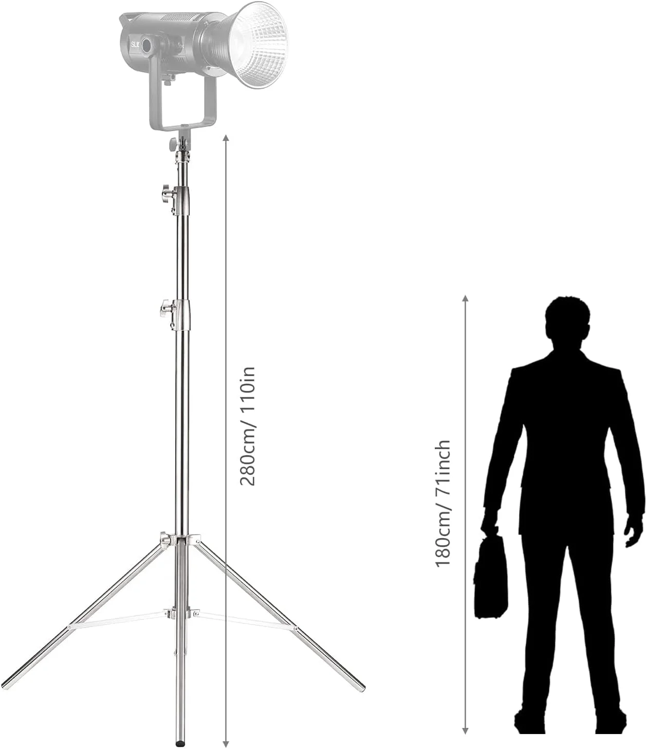 پایه نور استیل ضد زنگ حرفه ای SKEIDO – سه پایه سنگین 280 سانتی متری قابل تنظیم برای عکاسی استودیویی/فضای باز، نقره ای