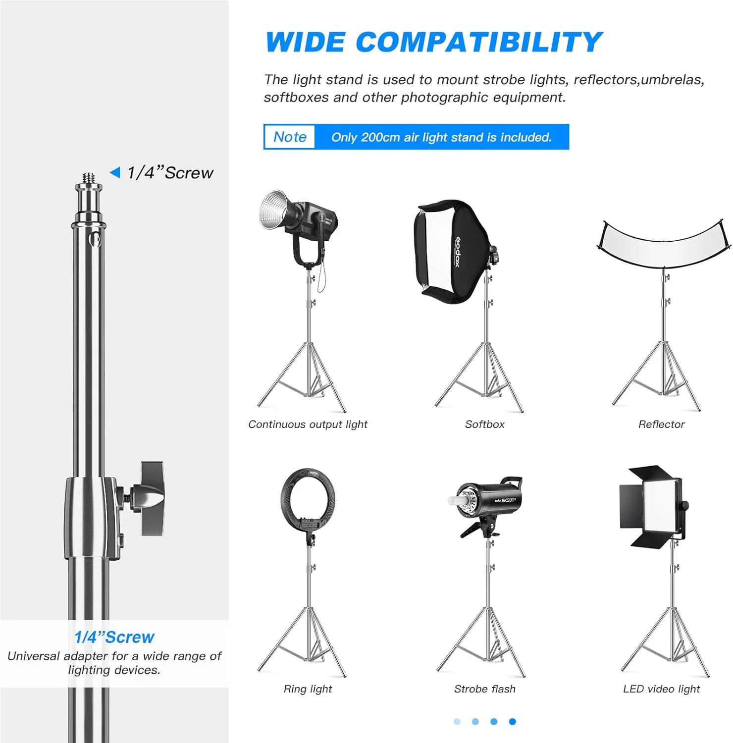 پایه نور عکاسی استیل Soonpho مدل SN-210، ارتفاع 200 سانتی متر، با پیچ استاندارد 1/4 اینچ، قفل S، سه پایه نور قابل حمل، حداکثر تحمل وزن 2 کیلوگرم، مناسب برای نور ویدئو، فلاش و رفلکتور