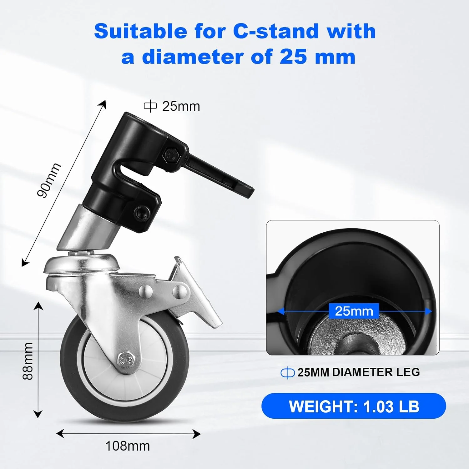 کیت 3 عددی چرخ های گردان حرفه ای Soonpho برای پایه نور عکاسی با قطر 25 میلی متر، ساختار فلزی بادوام و پایه لاستیکی برای استودیو/فرش/کف لخت/چوبی/مرمری (مشکی)