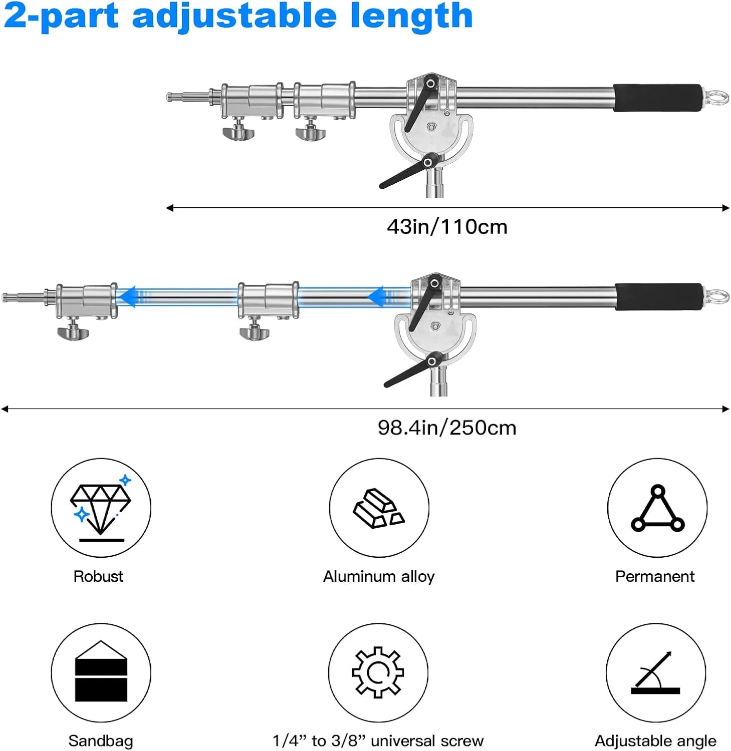 بازوی بوم گیره ای اکستنشن سنگین soonpho برای پایه C عکاسی، بازوی میله ای متقاطع قابل تنظیم 1.1 تا 2.5 متری با کیسه شن برای سافت باکس، استروب استودیویی، مونولایت، چراغ ویدئویی LED، رفلکتور و غیره.