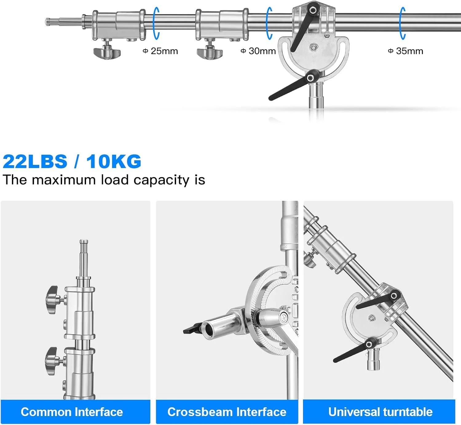 بازوی بوم گیره ای اکستنشن سنگین soonpho برای پایه C عکاسی، بازوی میله ای متقاطع قابل تنظیم 1.1 تا 2.5 متری با کیسه شن برای سافت باکس، استروب استودیویی، مونولایت، چراغ ویدئویی LED، رفلکتور و غیره.