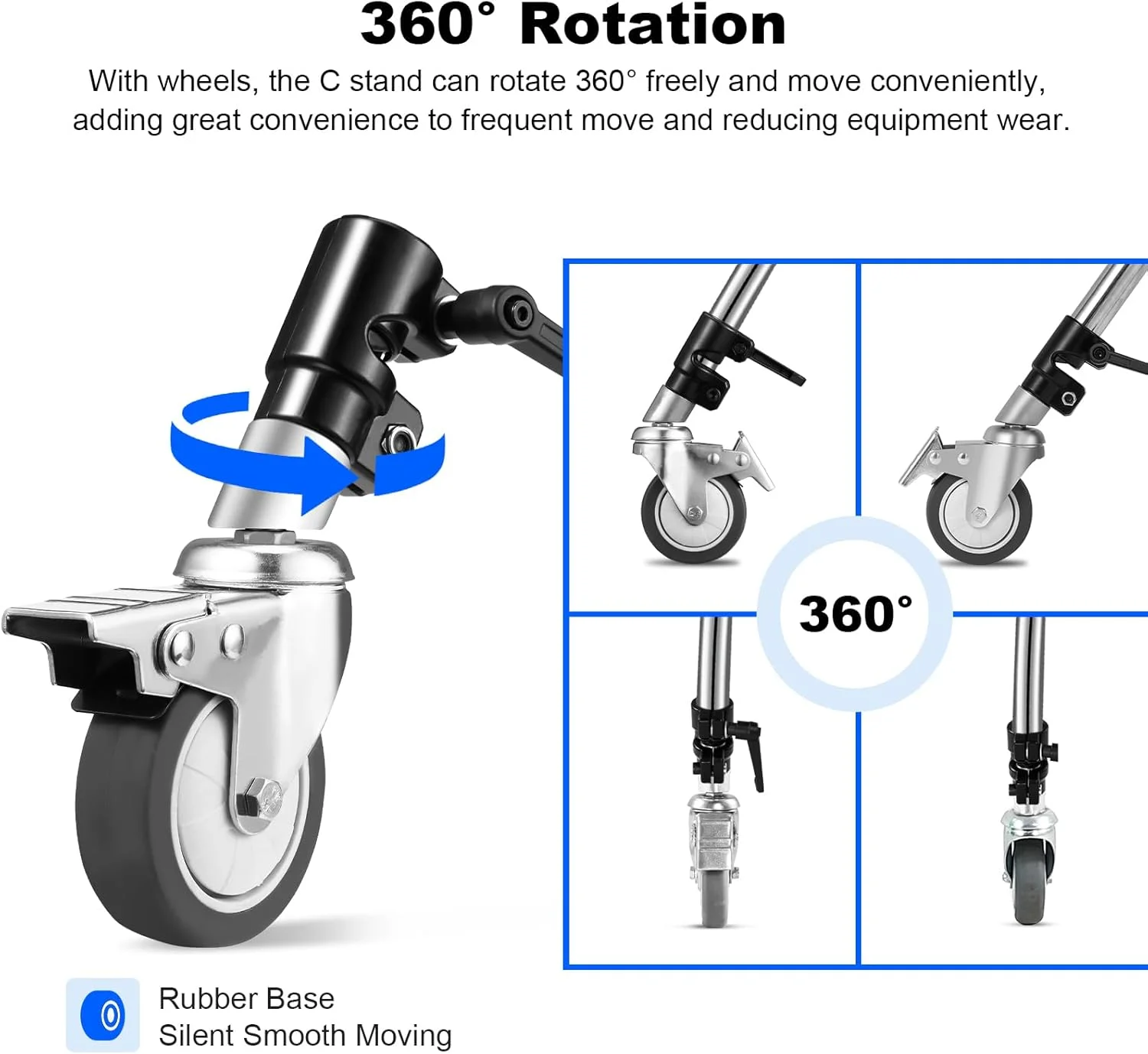 کیت 3 عددی چرخ های گردان حرفه ای Soonpho برای پایه نور عکاسی با قطر 25 میلی متر، ساختار فلزی بادوام و پایه لاستیکی برای استودیو/فرش/کف لخت/چوبی/مرمری (مشکی)