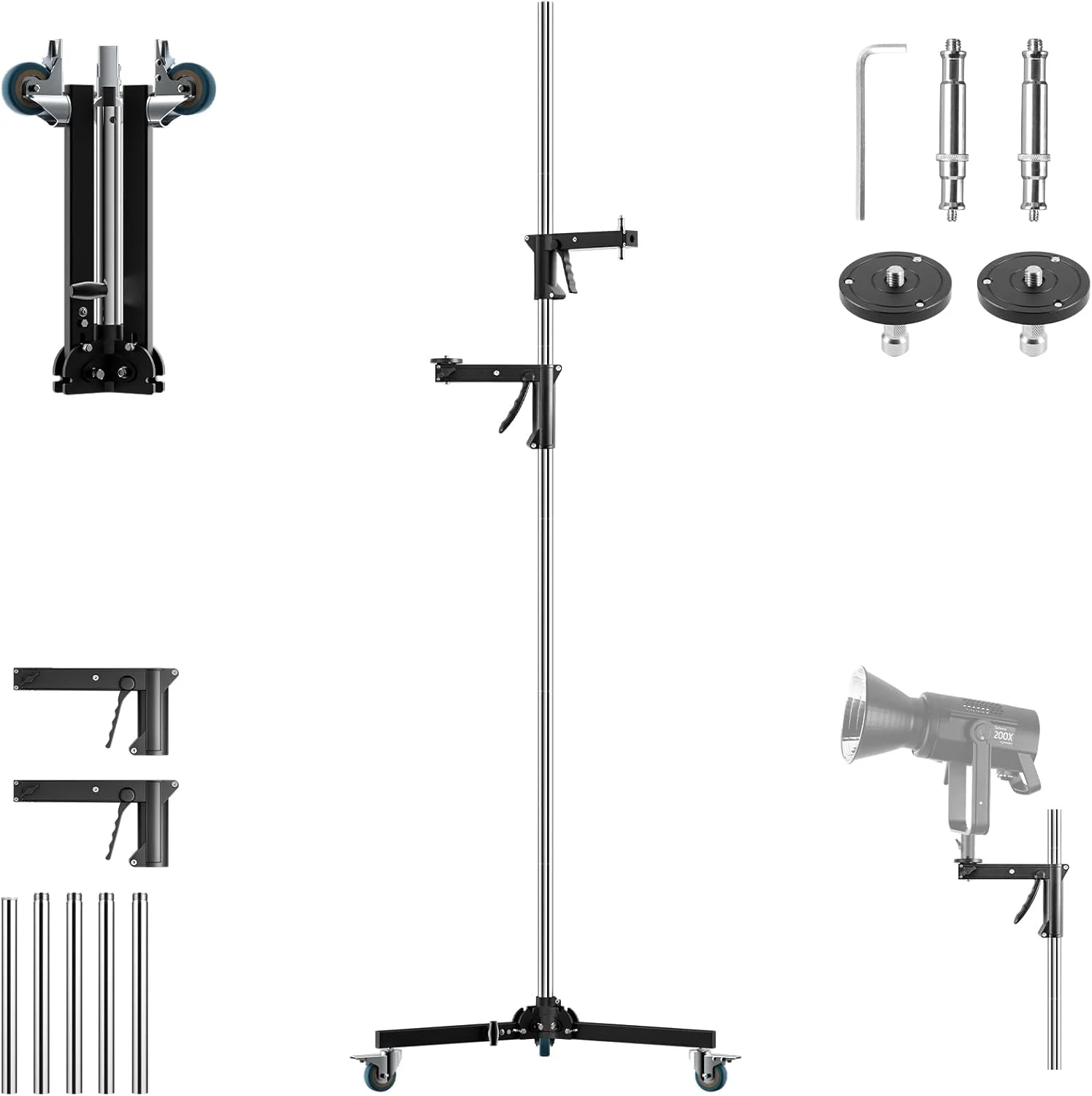 پایه نور سنگین استیل Selens با ارتفاع 250 سانتی متر، دارای دسته تپانچه ای، بازوی کشویی، چرخ متحرک و پایه تاشو