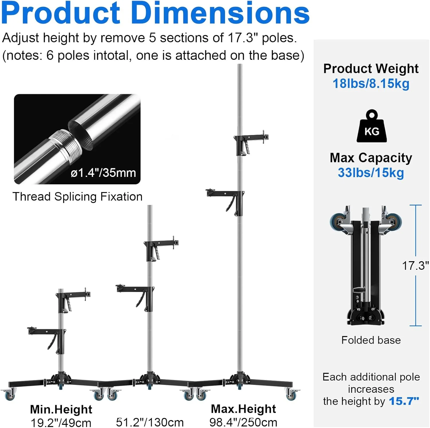 پایه نور سنگین استیل Selens با ارتفاع 250 سانتی متر، دارای دسته تپانچه ای، بازوی کشویی، چرخ متحرک و پایه تاشو