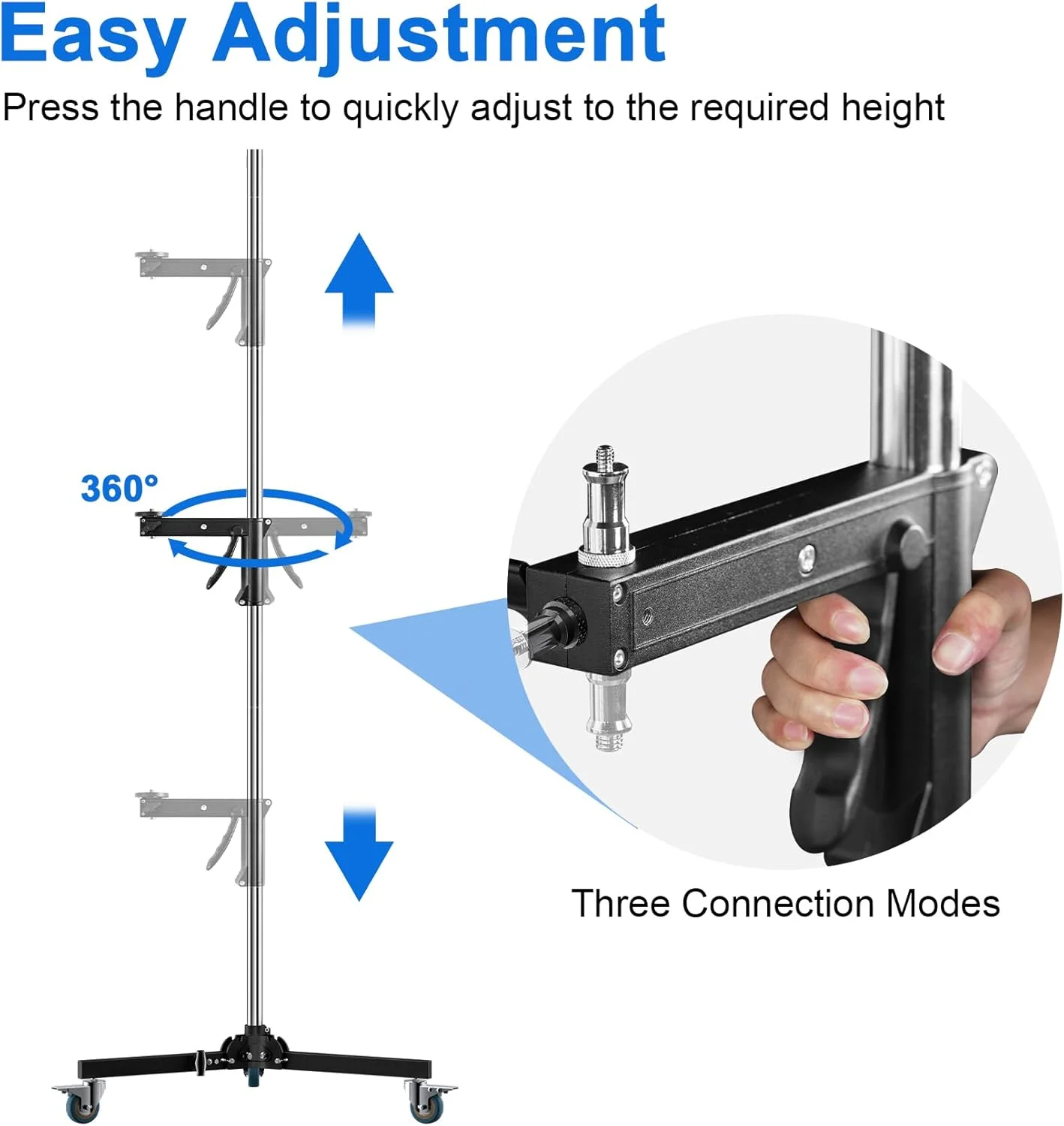 پایه نور سنگین استیل Selens با ارتفاع 250 سانتی متر، دارای دسته تپانچه ای، بازوی کشویی، چرخ متحرک و پایه تاشو