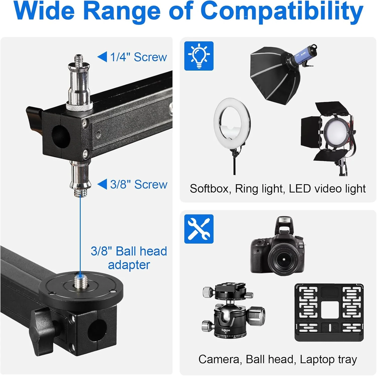 پایه نور سنگین استیل Selens با ارتفاع 250 سانتی متر، دارای دسته تپانچه ای، بازوی کشویی، چرخ متحرک و پایه تاشو