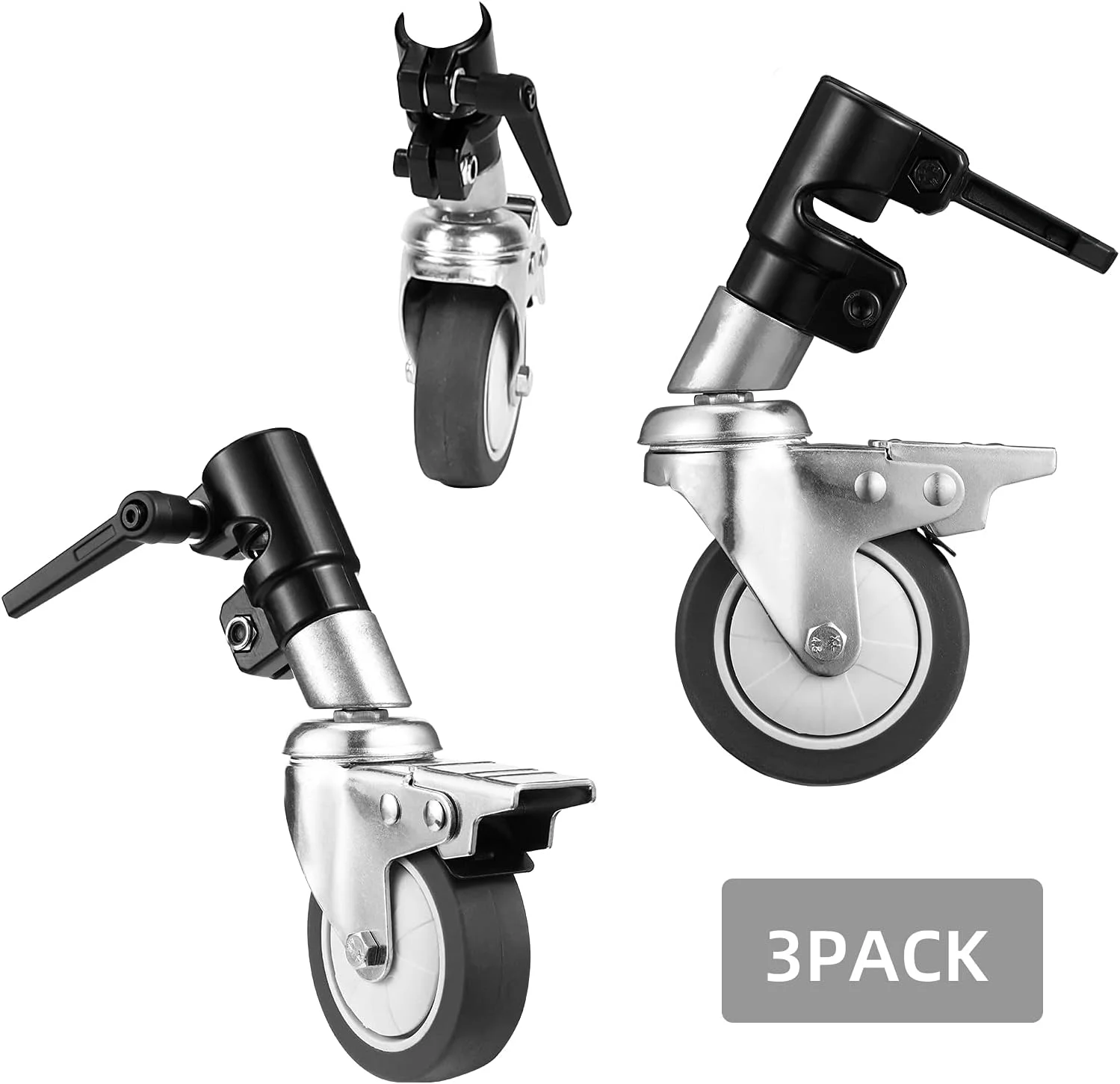 چرخ‌های گردان حرفه‌ای Soonpho برای پایه C سنگین (بسته 3 عددی)، کیت چرخ‌های غلتکی پایه C عکاسی تمام آلیاژ آلومینیوم با ترمز، کیت چرخ پایه جادویی با پایه لاستیکی