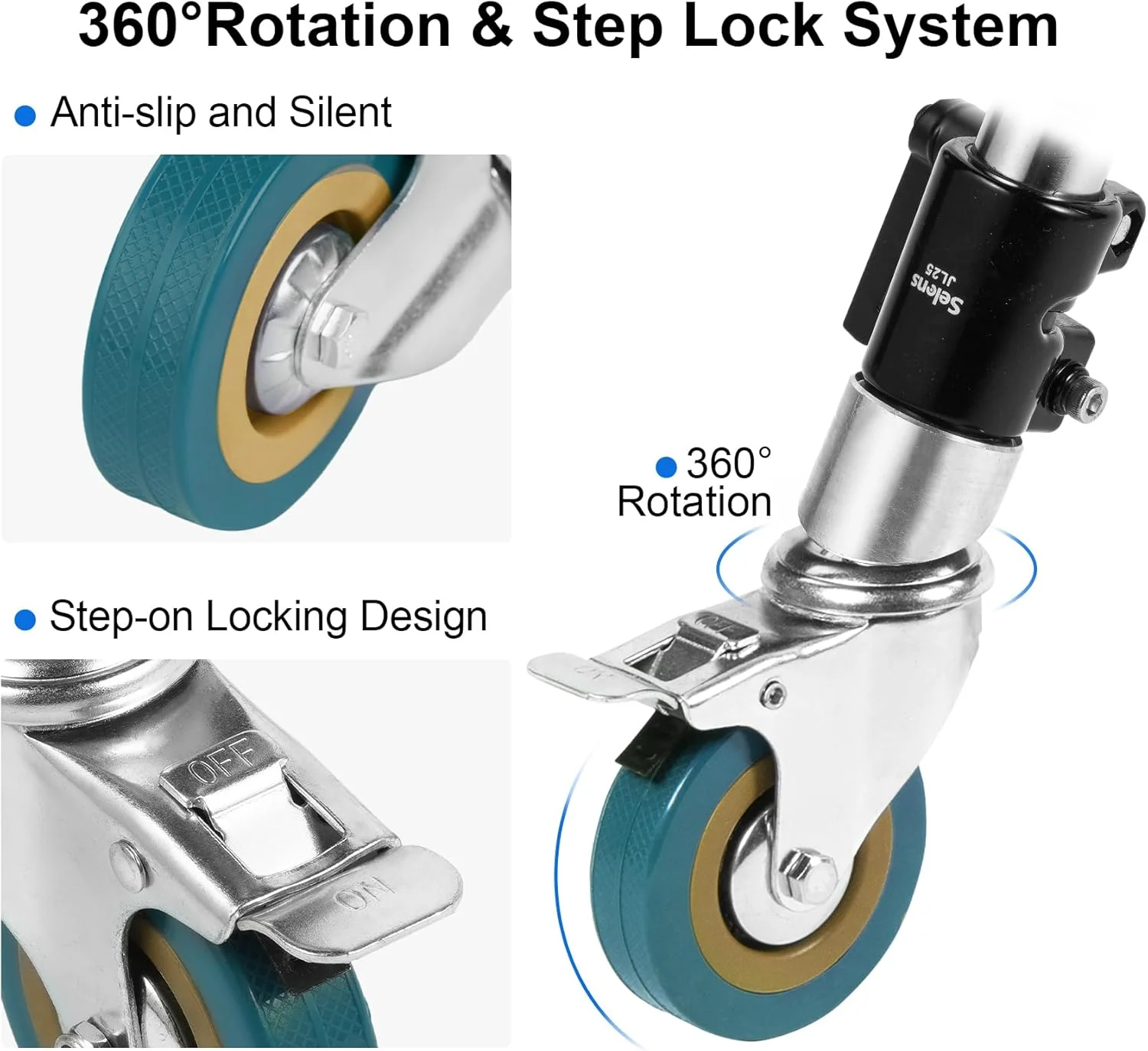 ست چرخ های گردان پایه C سنگین Selens، 25 میلی متر، چرخ های پایه نور با ترمز برای استودیو عکاسی و فیلمبرداری