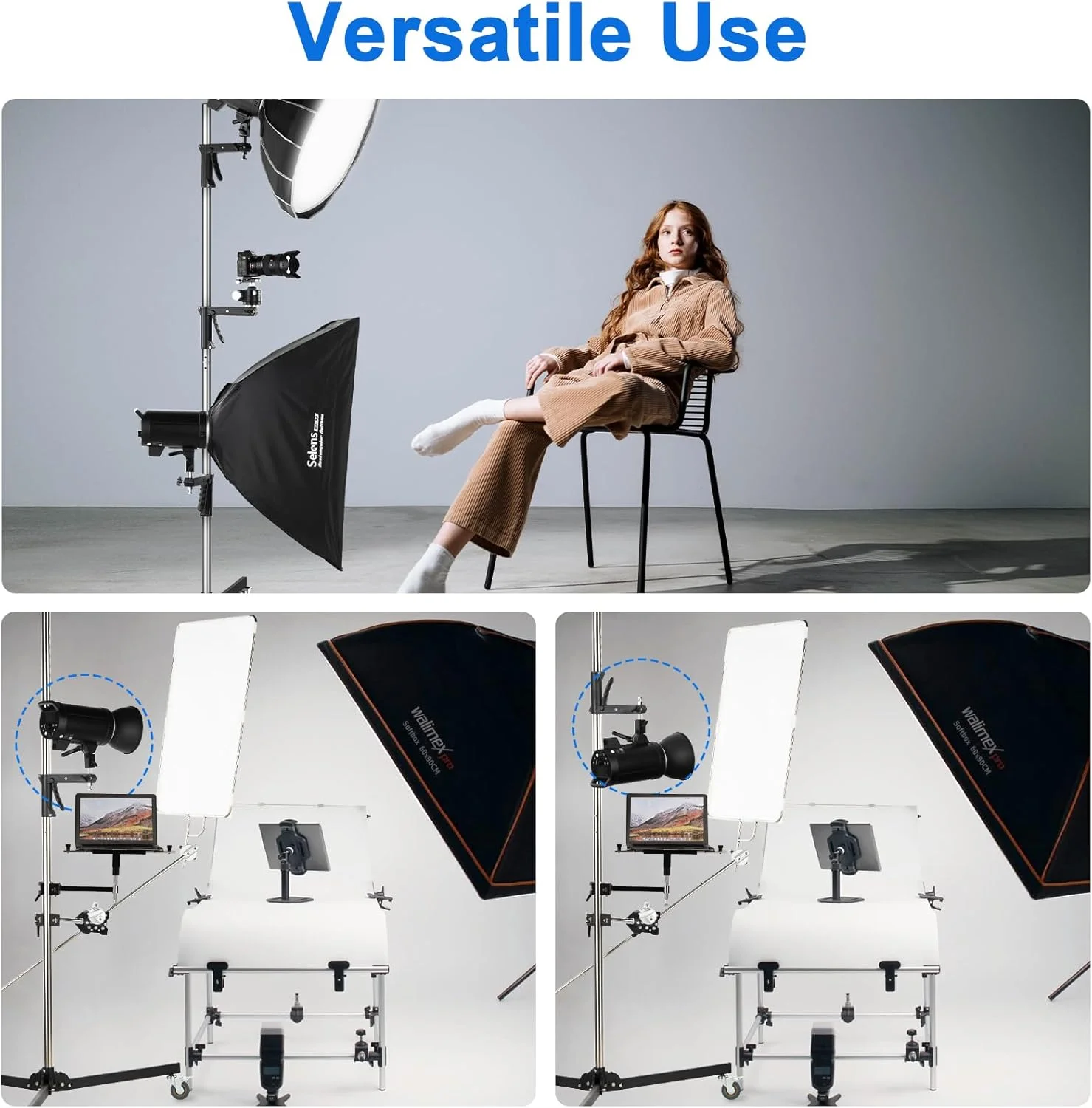 پایه نور سنگین استیل Selens با ارتفاع 250 سانتی متر، دارای دسته تپانچه ای، بازوی کشویی، چرخ متحرک و پایه تاشو