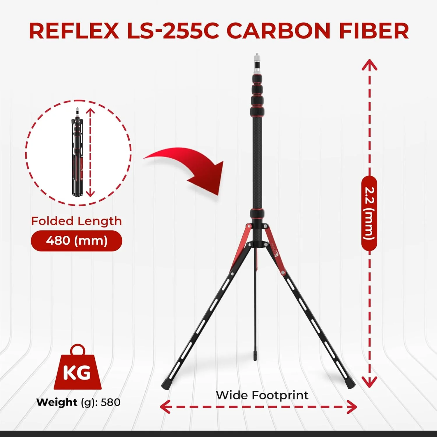 پایه نور فیبر کربنی دوربین رفلکس - فوق العاده سبک 580 گرم، جمع و جور، 5 طبقه، تحمل وزن 10 کیلوگرم، ارتفاع 2.2 متر، مانت 1/4 و 3/8 اینچ، کیف حمل رایگان