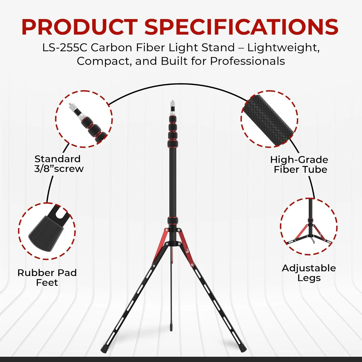 پایه نور فیبر کربنی دوربین رفلکس - فوق العاده سبک 580 گرم، جمع و جور، 5 طبقه، تحمل وزن 10 کیلوگرم، ارتفاع 2.2 متر، مانت 1/4 و 3/8 اینچ، کیف حمل رایگان