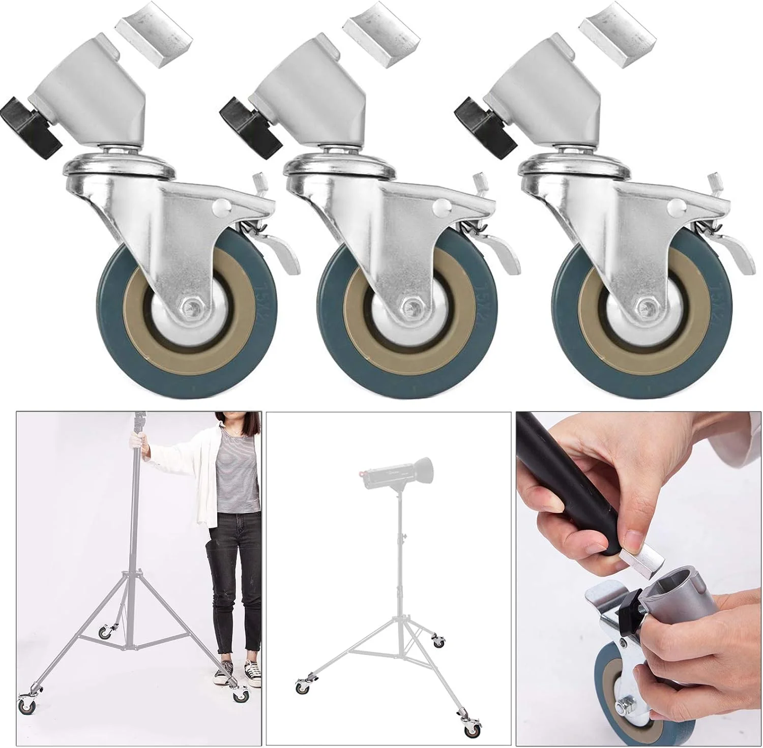 چرخ های گردان سه تایی استودیو برای پایه های نور و بوم با قطر پایه فقط 22 میلی متر