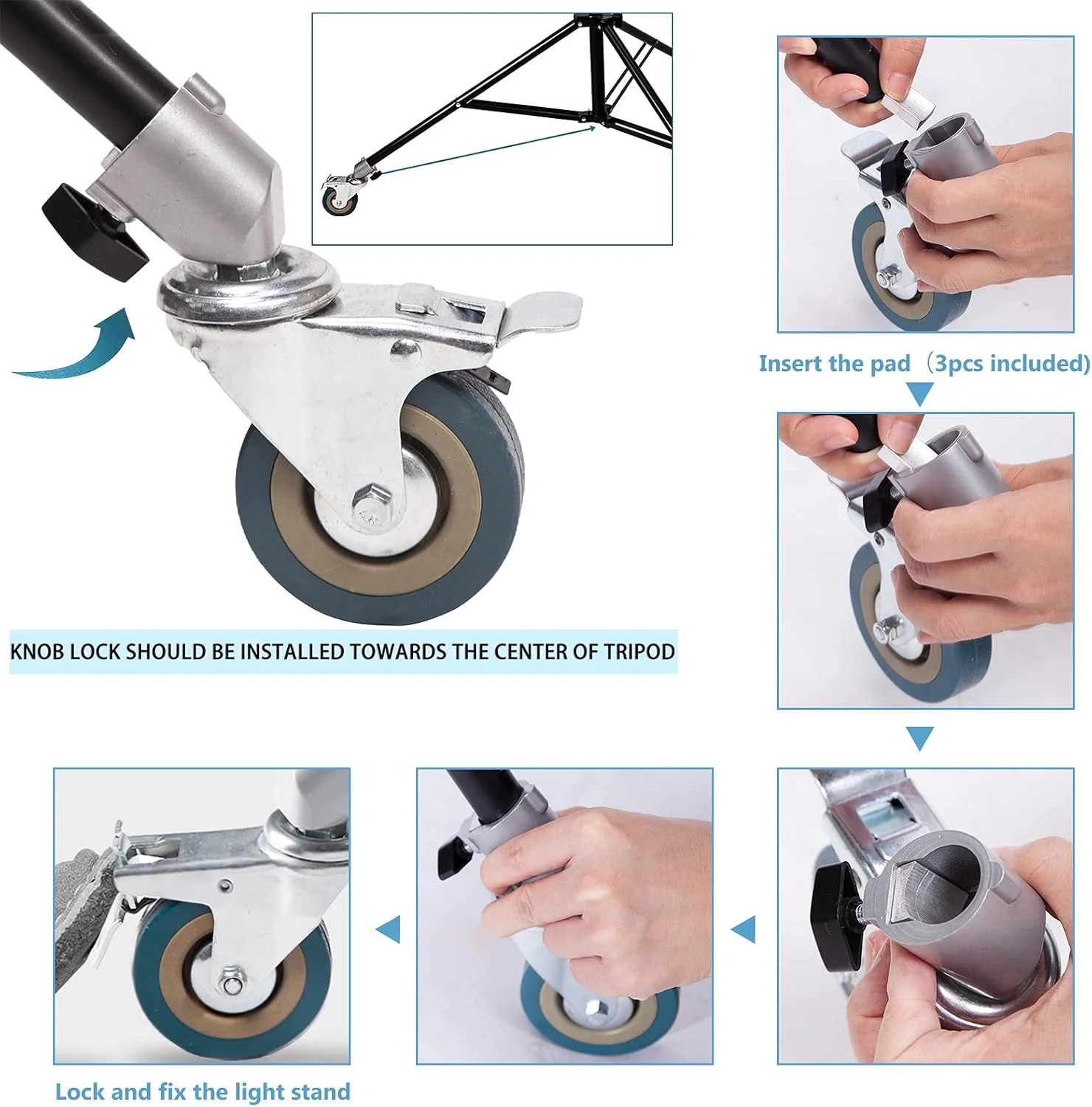 چرخ های گردان سه تایی استودیو برای پایه های نور و بوم با قطر پایه فقط 22 میلی متر