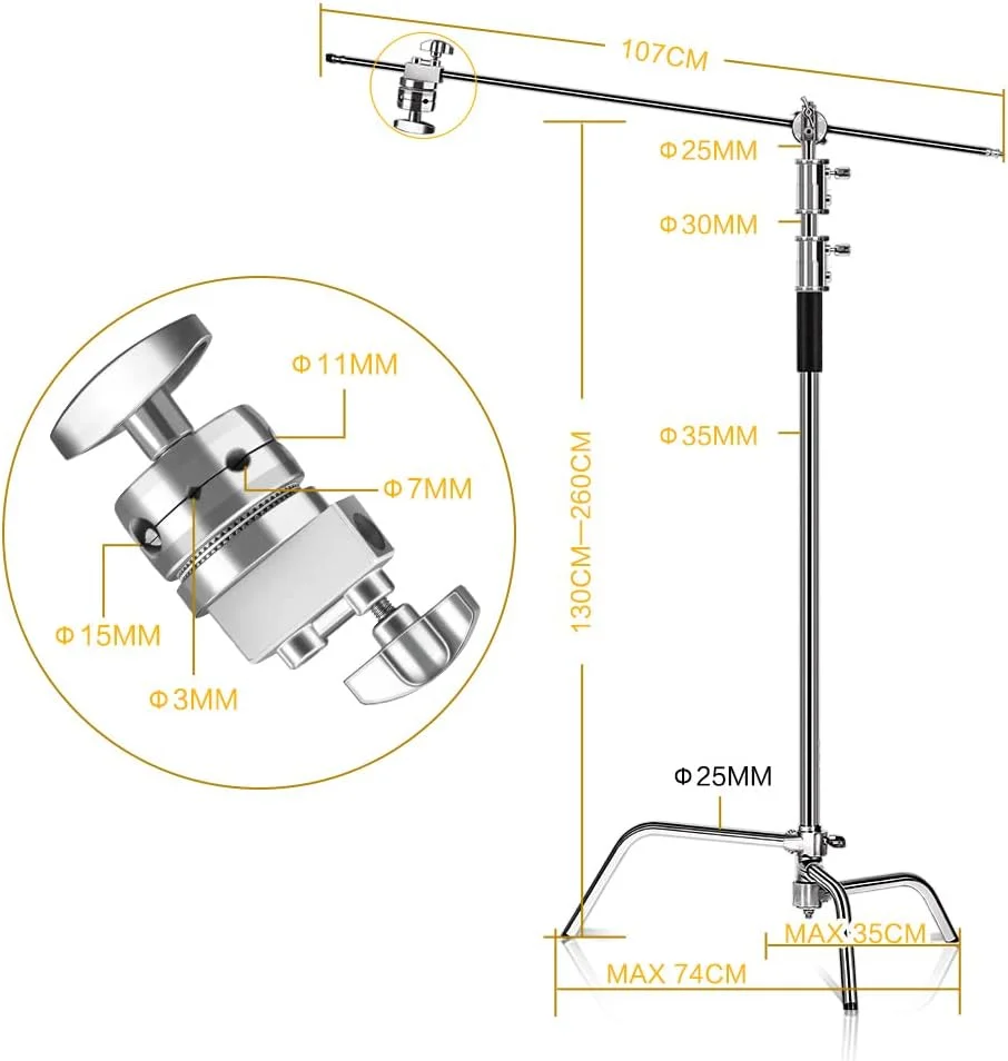پایه C حرفه ای عکاسی با بازوی بوم آلیاژ آلومینیوم، ظرفیت بار 20 کیلوگرم، حداکثر ارتفاع 330 سانتی متر، پایه های تاشو برای فلاش استودیویی، رفلکتورها و سافت باکس پایه C حرفه ای عکاسی با بازوی بوم آلیاژ آلومینیوم، ظرفیت بار 20 کیلوگرم، حداکثر ارتفاع 330 سانتی متر، پایه های تاشو برای فلاش استودیویی، رفلکتورها و سافت باکس