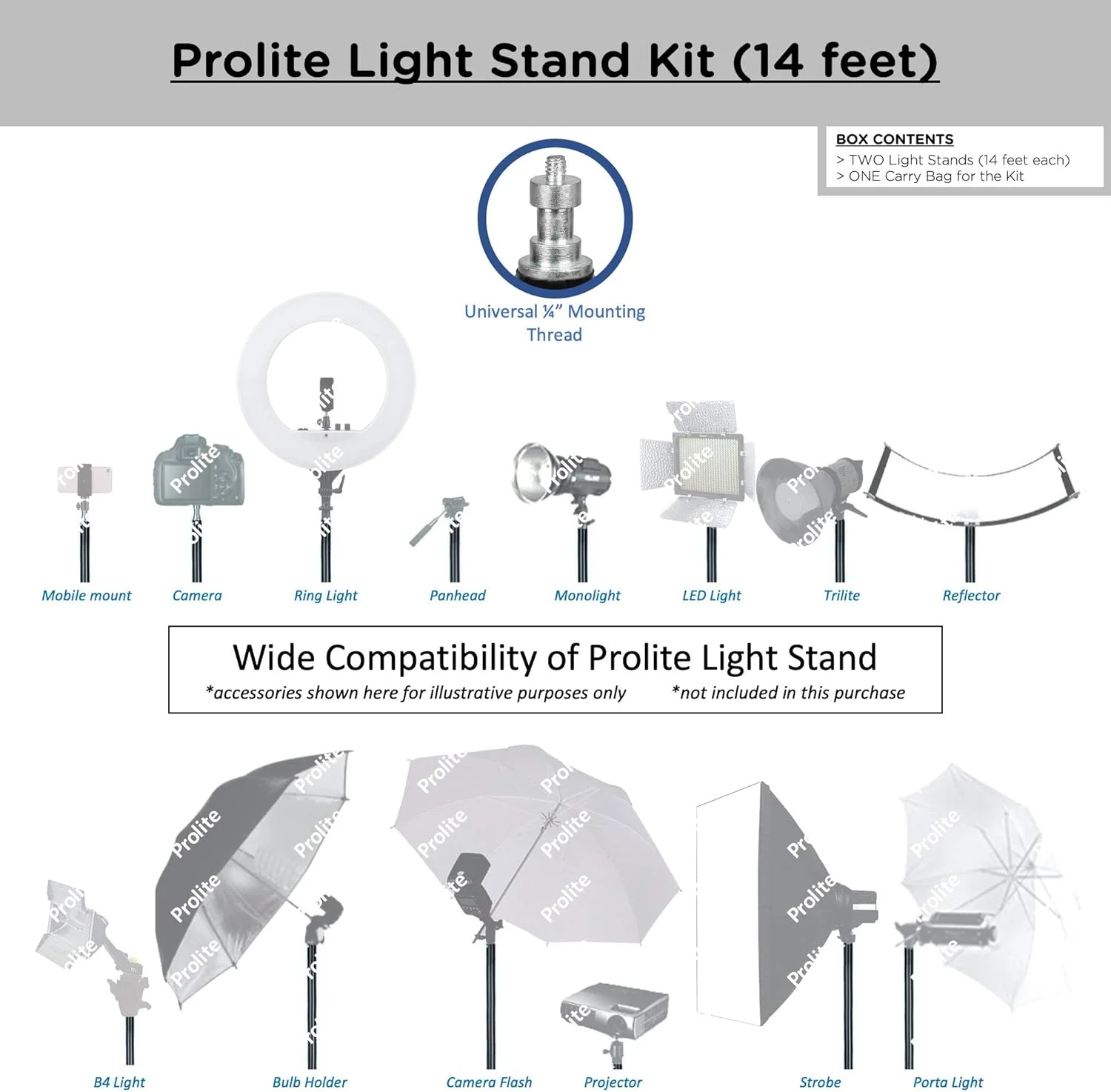کیت پایه نور سنگین وزن Prolite، طول 4.2 متر (شامل دو عدد پایه نور به همراه کیف حمل) مناسب برای نور حلقوی، فلاش، رفلکتور، دیفیوزر، عکاسی و فیلمبرداری حرفه ای در استودیو کیت پایه نور سنگین وزن Prolite، طول 4.2 متر (شامل دو عدد پایه نور به همراه کیف حمل) مناسب برای نور حلقوی، فلاش، رفلکتور، دیفیوزر، عکاسی و فیلمبرداری حرفه ای در استودیو