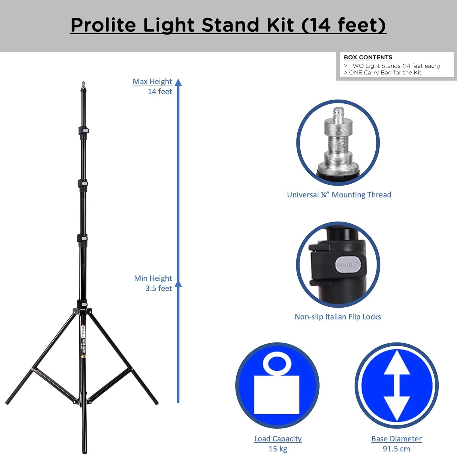 کیت پایه نور سنگین وزن Prolite، طول 4.2 متر (شامل دو عدد پایه نور به همراه کیف حمل) مناسب برای نور حلقوی، فلاش، رفلکتور، دیفیوزر، عکاسی و فیلمبرداری حرفه ای در استودیو کیت پایه نور سنگین وزن Prolite، طول 4.2 متر (شامل دو عدد پایه نور به همراه کیف حمل) مناسب برای نور حلقوی، فلاش، رفلکتور، دیفیوزر، عکاسی و فیلمبرداری حرفه ای در استودیو