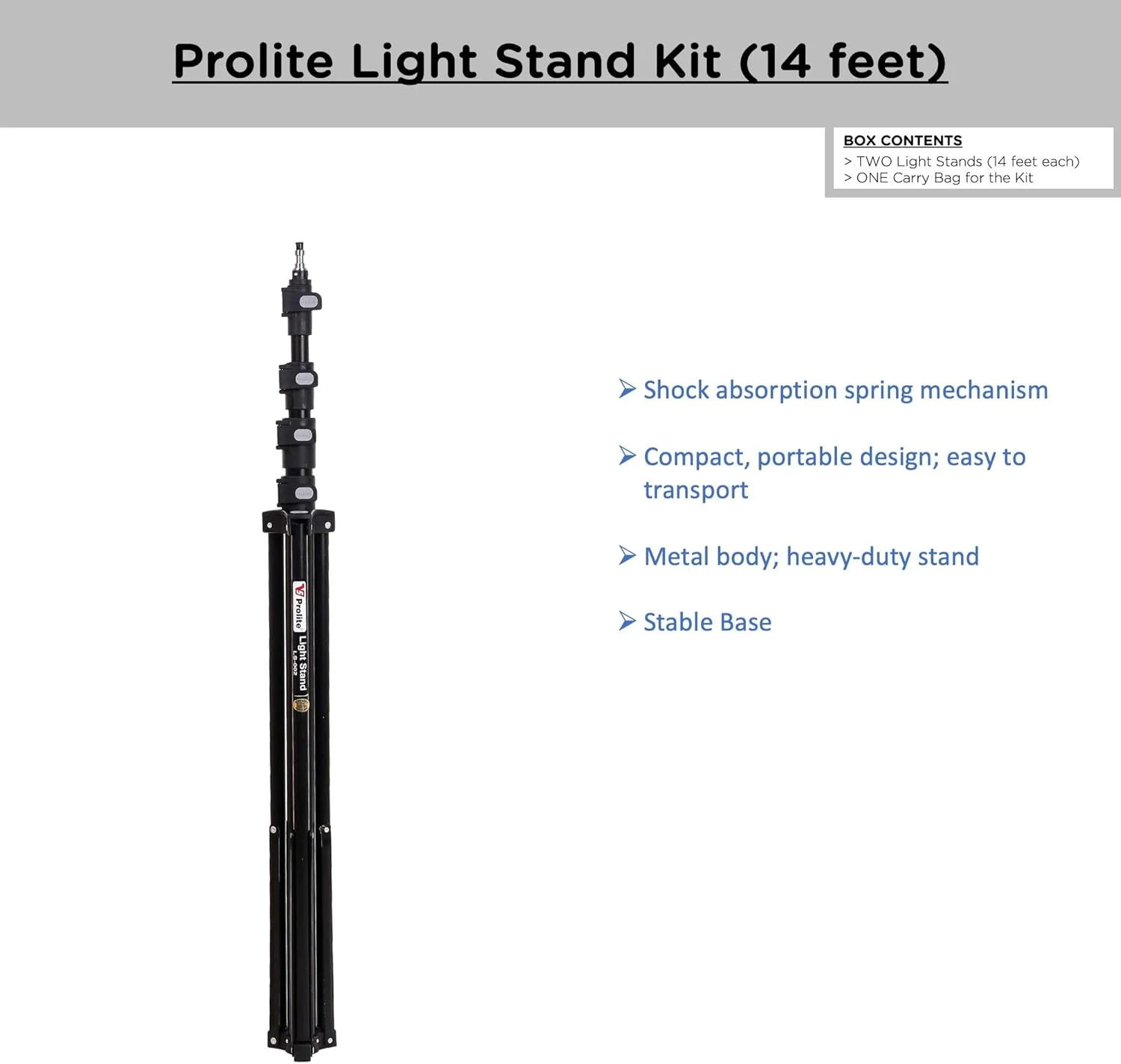 کیت پایه نور سنگین وزن Prolite، طول 4.2 متر (شامل دو عدد پایه نور به همراه کیف حمل) مناسب برای نور حلقوی، فلاش، رفلکتور، دیفیوزر، عکاسی و فیلمبرداری حرفه ای در استودیو کیت پایه نور سنگین وزن Prolite، طول 4.2 متر (شامل دو عدد پایه نور به همراه کیف حمل) مناسب برای نور حلقوی، فلاش، رفلکتور، دیفیوزر، عکاسی و فیلمبرداری حرفه ای در استودیو