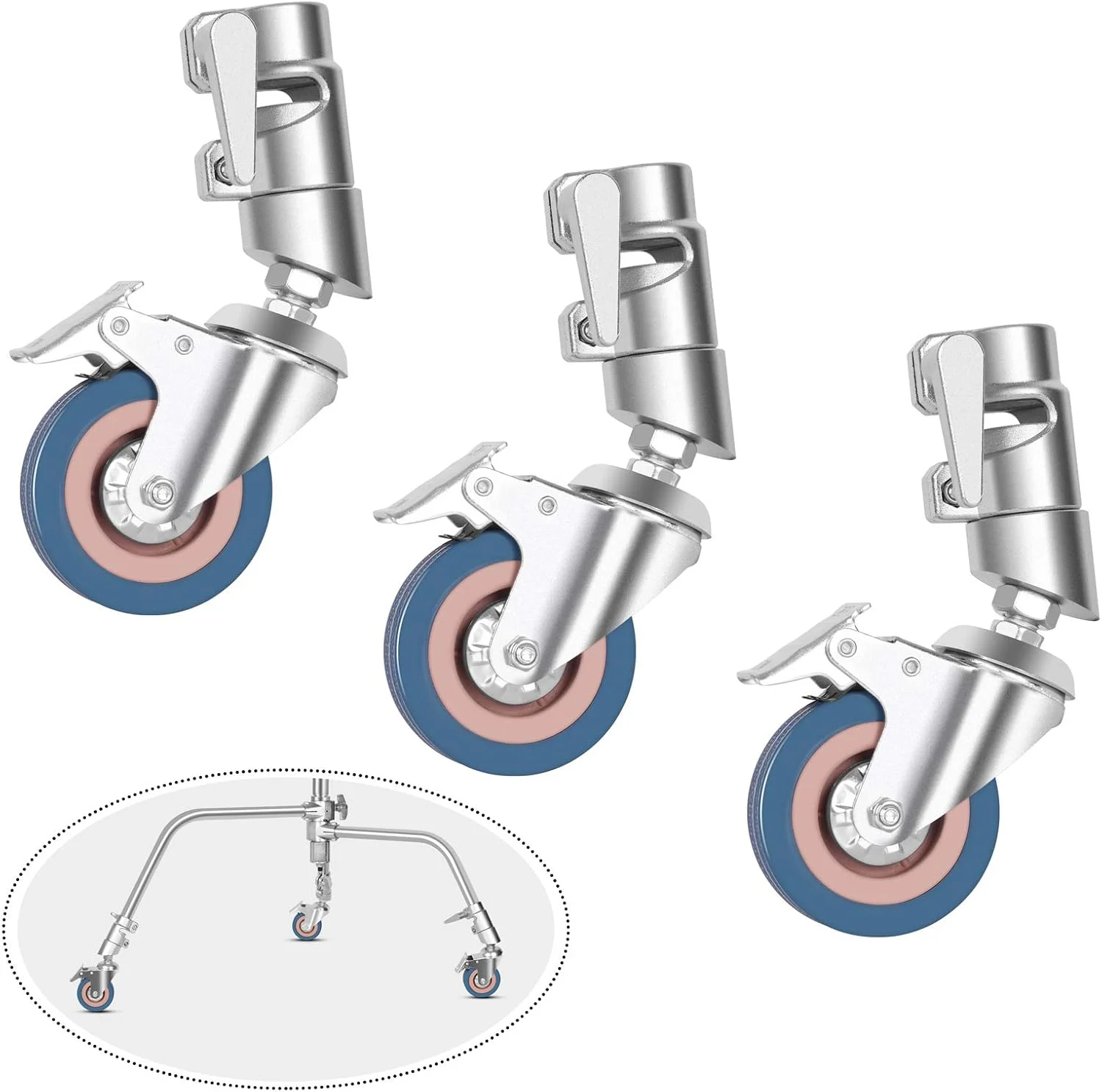 ست ۳ عددی چرخ های گردان حرفه ای Emart با قطر ۷۵ میلی متر، چرخ های فلزی لاستیکی متحرک پایه C با ترمز برای عکاسی استودیویی، چرخ پایه سه پایه تاشو