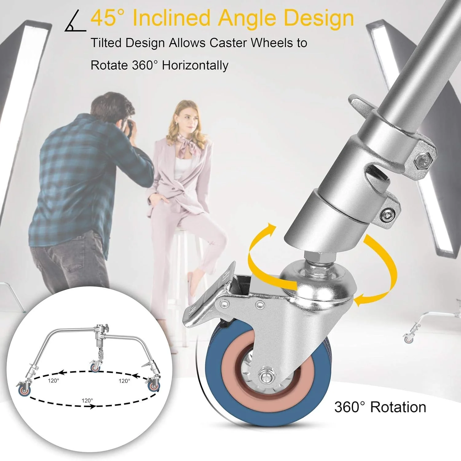 ست ۳ عددی چرخ های گردان حرفه ای Emart با قطر ۷۵ میلی متر، چرخ های فلزی لاستیکی متحرک پایه C با ترمز برای عکاسی استودیویی، چرخ پایه سه پایه تاشو