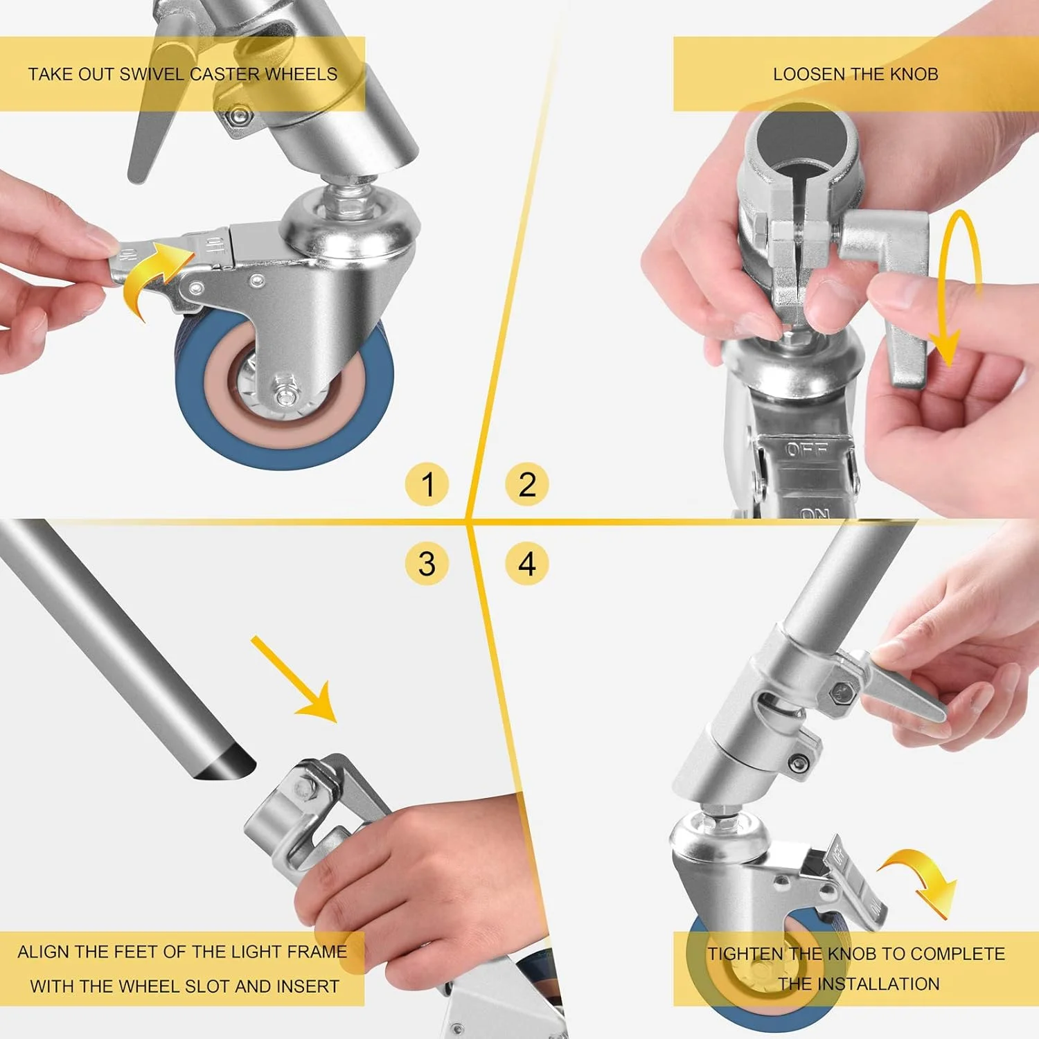 ست ۳ عددی چرخ های گردان حرفه ای Emart با قطر ۷۵ میلی متر، چرخ های فلزی لاستیکی متحرک پایه C با ترمز برای عکاسی استودیویی، چرخ پایه سه پایه تاشو