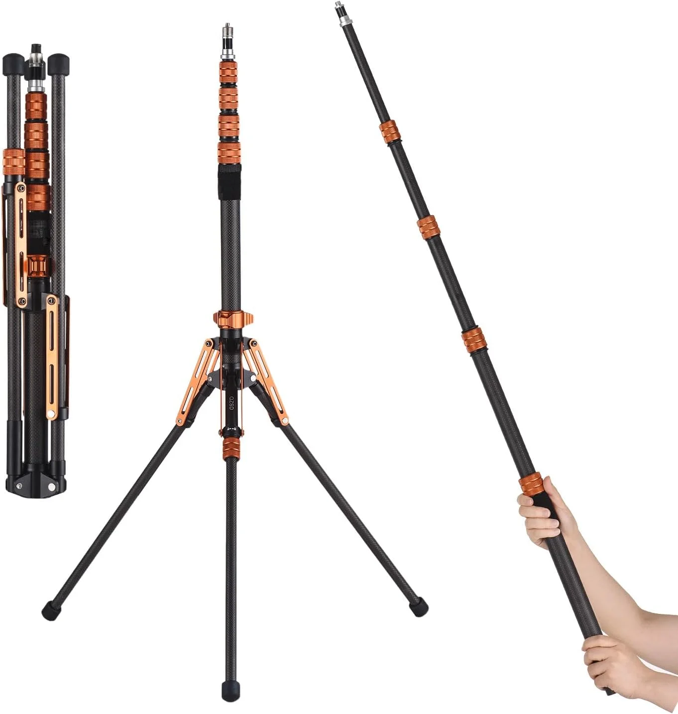 پایه سه پایه فیبر کربنی قابل حمل برای نورپردازی عکاسی، 5 بخش قابل تنظیم، ظرفیت بار 5 کیلوگرم، با ستون مرکزی جداشدنی، پیچ 1/4 اینچ و 3/8 اینچ برای سافت باکس بازتابنده ویدیویی LED