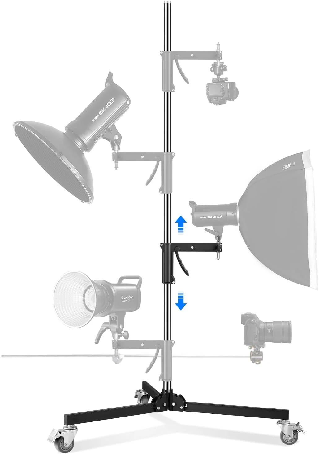 پایه نورپردازی عکاسی با چرخ، حداکثر تحمل بار: 20 کیلوگرم، پایه نور سنگین استیل ضد زنگ با چرخ و بازوی کشویی، حداکثر ارتفاع 2.5 متر برای استودیوی عکاسی، مونو لایت و سافت باکس
