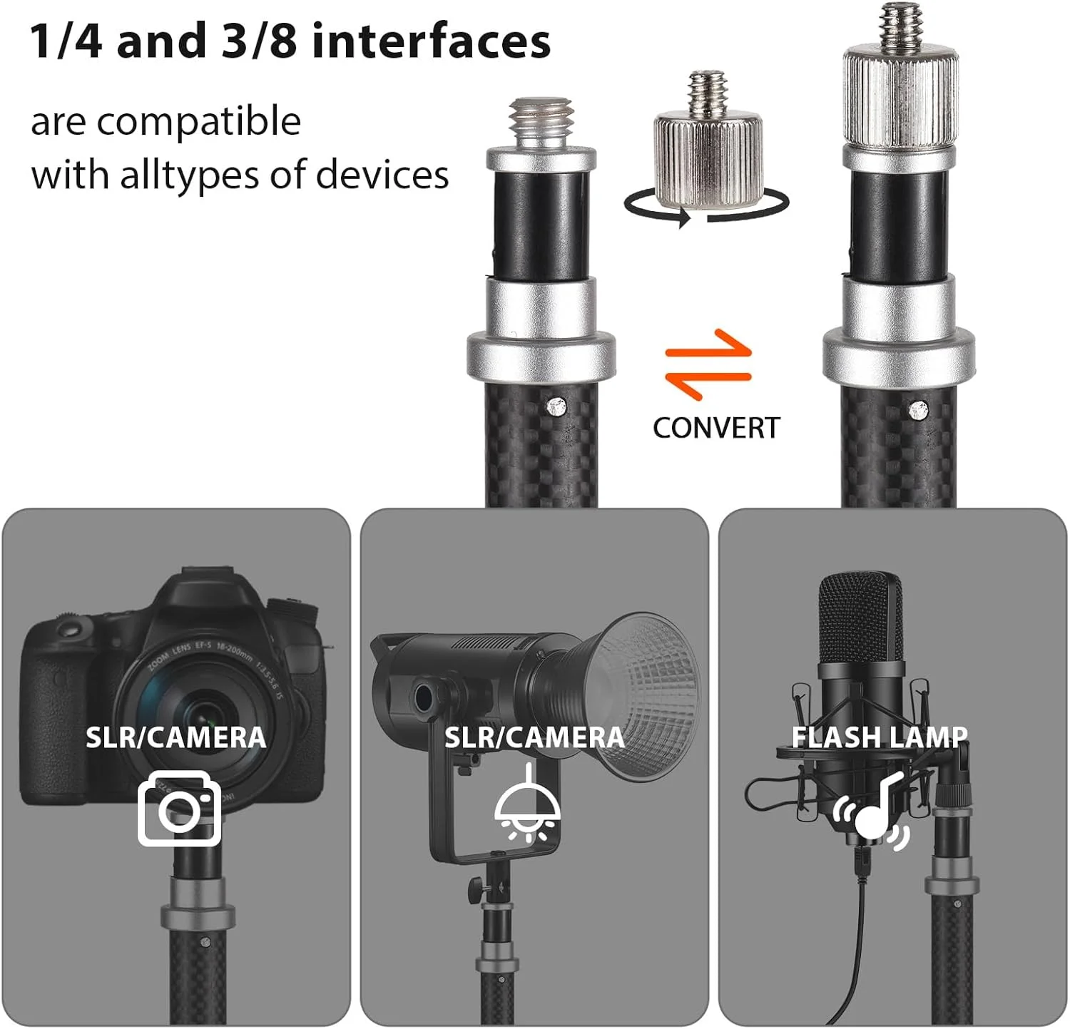 پایه سه پایه فیبر کربنی قابل حمل، پایه نورپردازی عکاسی 5 قسمتی قابل تنظیم با ظرفیت بار 5 کیلوگرم، دارای ستون مرکزی جداشدنی با پیچ 1/4 و 3/8 اینچ برای نور ویدئویی LED، سافت باکس، رفلکتور