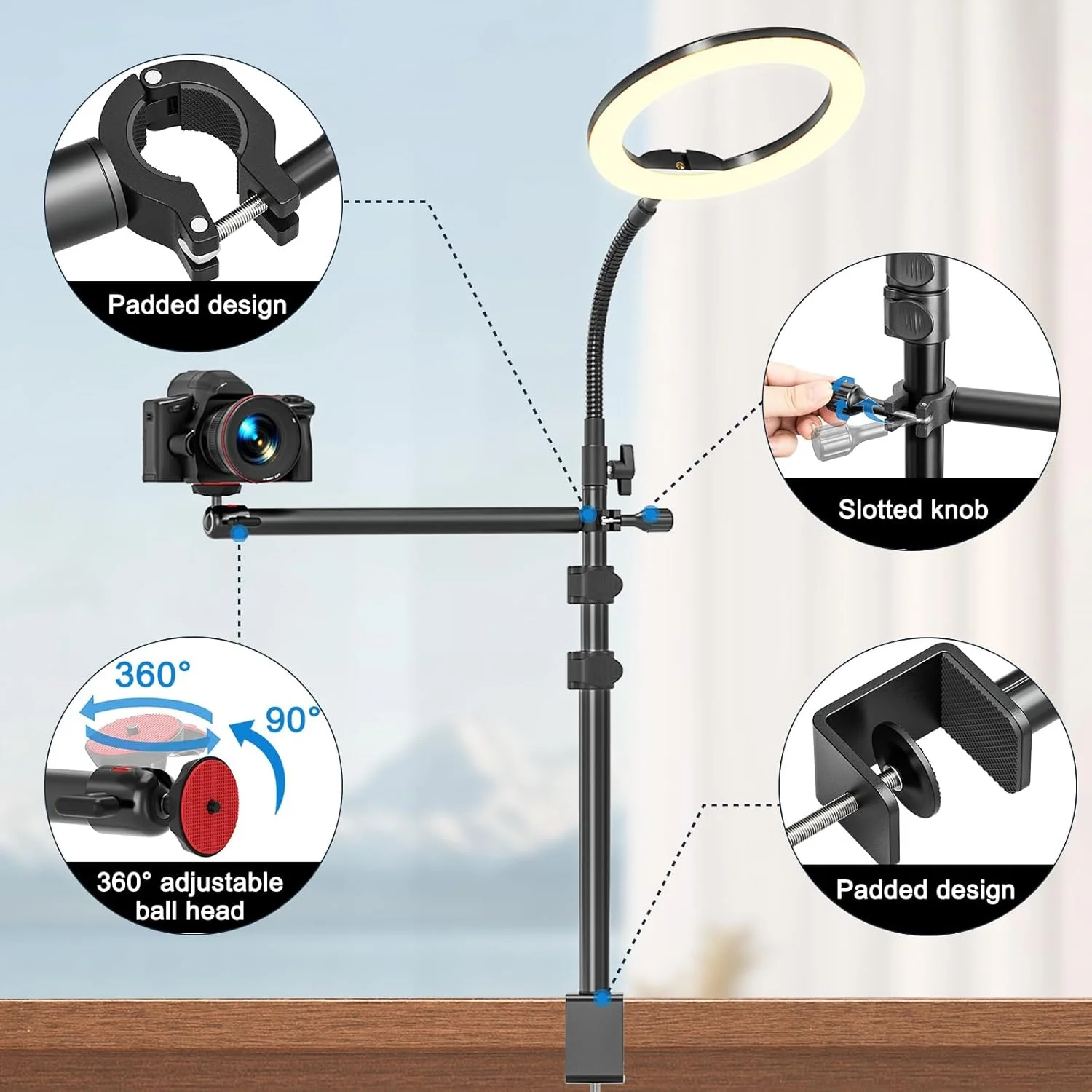 پایه رومیزی دوربین، پایه نور رومیزی قابل تنظیم 34-108 سانتیمتری، پایه گیره C، پایه رومیزی وبکم با سر توپی پیچ ¼ اینچی، بازوی گردنی دوربین برای نور/وبکم/دوربینهای کوچک پایه رومیزی دوربین، پایه نور رومیزی قابل تنظیم 34-108 سانتیمتری، پایه گیره C، پایه رومیزی وبکم با سر توپی پیچ ¼ اینچی، بازوی گردنی دوربین برای نور/وبکم/دوربینهای کوچک