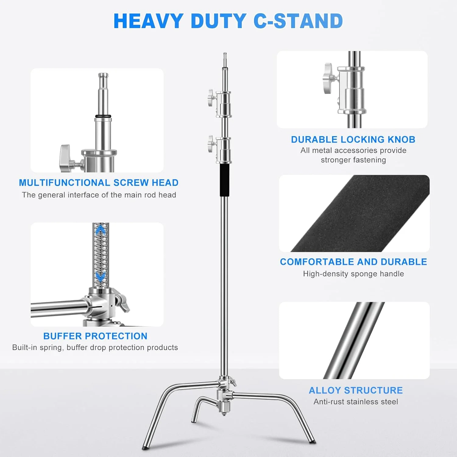 پایه C استیل ضد زنگ با بازوی بوم، حداکثر ارتفاع 330 سانتی متر، پایه نورپردازی سنگین برای عکاسی با بازوی نگهدارنده 128 سانتی متری، 2 عدد سر گیره، کیسه شن برای استودیو عکس، فیلم، سافت باکس پایه C استیل ضد زنگ با بازوی بوم، حداکثر ارتفاع 330 سانتی متر، پایه نورپردازی سنگین برای عکاسی با بازوی نگهدارنده 128 سانتی متری، 2 عدد سر گیره، کیسه شن برای استودیو عکس، فیلم، سافت باکس