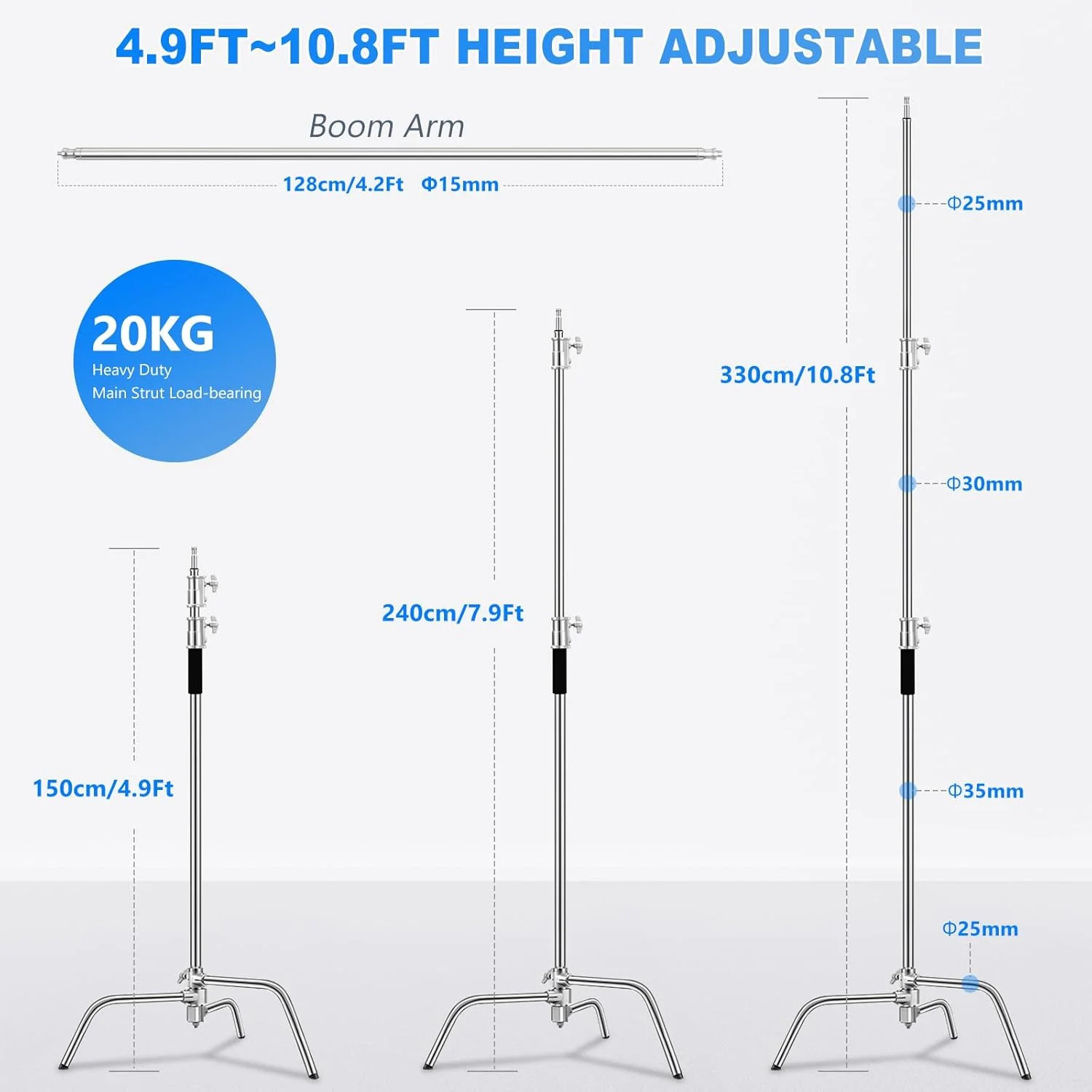 پایه C استیل ضد زنگ با بازوی بوم، حداکثر ارتفاع 330 سانتی متر، پایه نورپردازی سنگین برای عکاسی با بازوی نگهدارنده 128 سانتی متری، 2 عدد سر گیره، کیسه شن برای استودیو عکس، فیلم، سافت باکس پایه C استیل ضد زنگ با بازوی بوم، حداکثر ارتفاع 330 سانتی متر، پایه نورپردازی سنگین برای عکاسی با بازوی نگهدارنده 128 سانتی متری، 2 عدد سر گیره، کیسه شن برای استودیو عکس، فیلم، سافت باکس