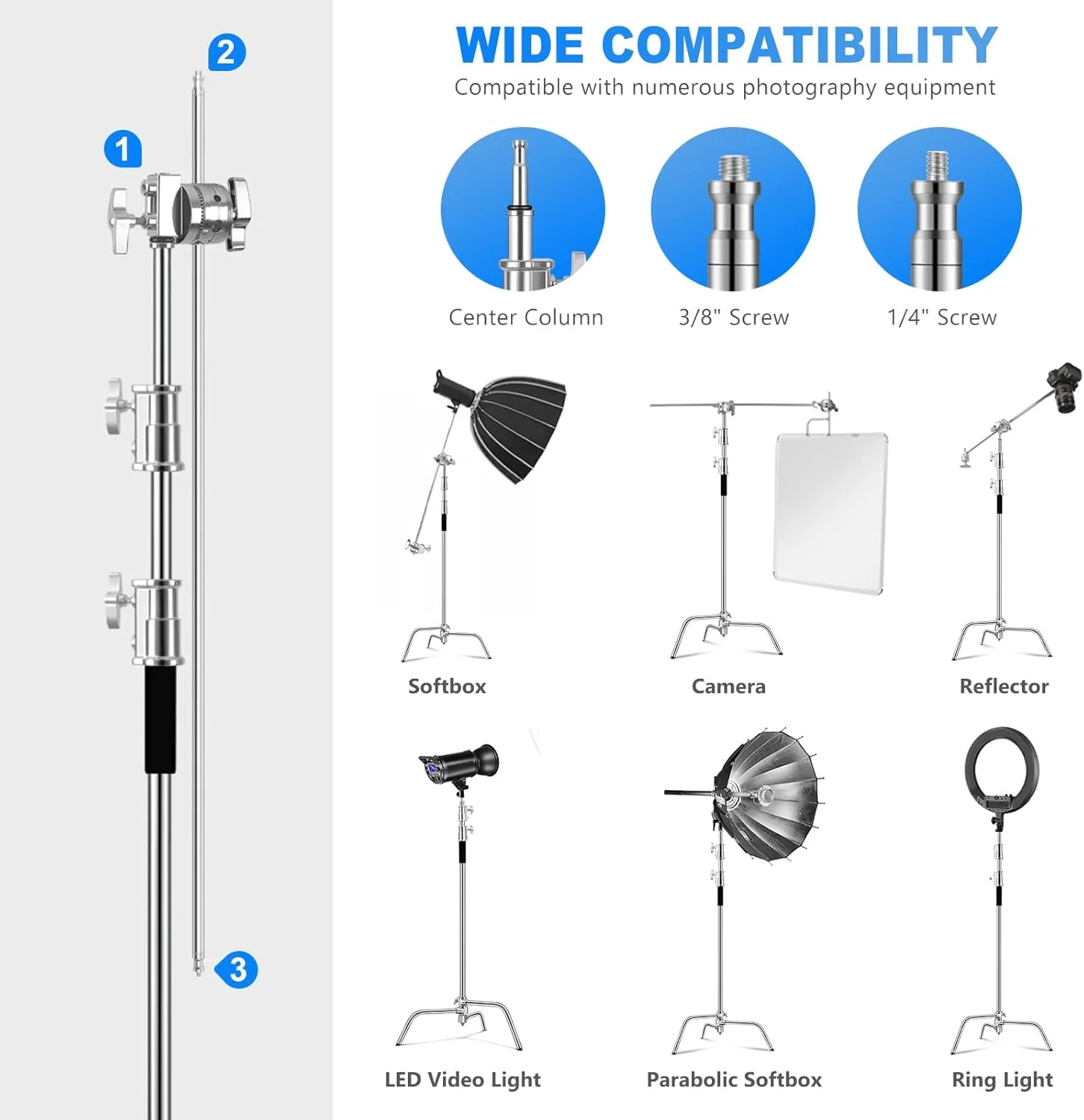 پایه C استیل ضد زنگ با بازوی بوم، حداکثر ارتفاع 330 سانتی متر، پایه نورپردازی سنگین برای عکاسی با بازوی نگهدارنده 128 سانتی متری، 2 عدد سر گیره، کیسه شن برای استودیو عکس، فیلم، سافت باکس پایه C استیل ضد زنگ با بازوی بوم، حداکثر ارتفاع 330 سانتی متر، پایه نورپردازی سنگین برای عکاسی با بازوی نگهدارنده 128 سانتی متری، 2 عدد سر گیره، کیسه شن برای استودیو عکس، فیلم، سافت باکس