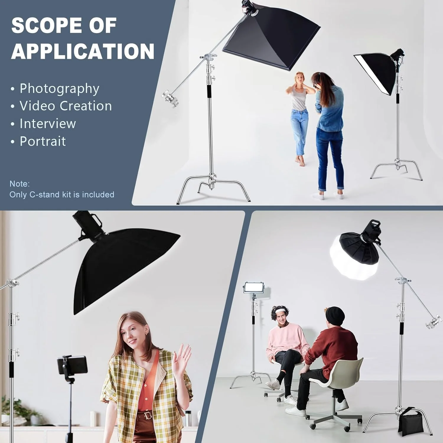 پایه C استیل ضد زنگ با بازوی بوم، حداکثر ارتفاع 330 سانتی متر، پایه نورپردازی سنگین برای عکاسی با بازوی نگهدارنده 128 سانتی متری، 2 عدد سر گیره، کیسه شن برای استودیو عکس، فیلم، سافت باکس پایه C استیل ضد زنگ با بازوی بوم، حداکثر ارتفاع 330 سانتی متر، پایه نورپردازی سنگین برای عکاسی با بازوی نگهدارنده 128 سانتی متری، 2 عدد سر گیره، کیسه شن برای استودیو عکس، فیلم، سافت باکس